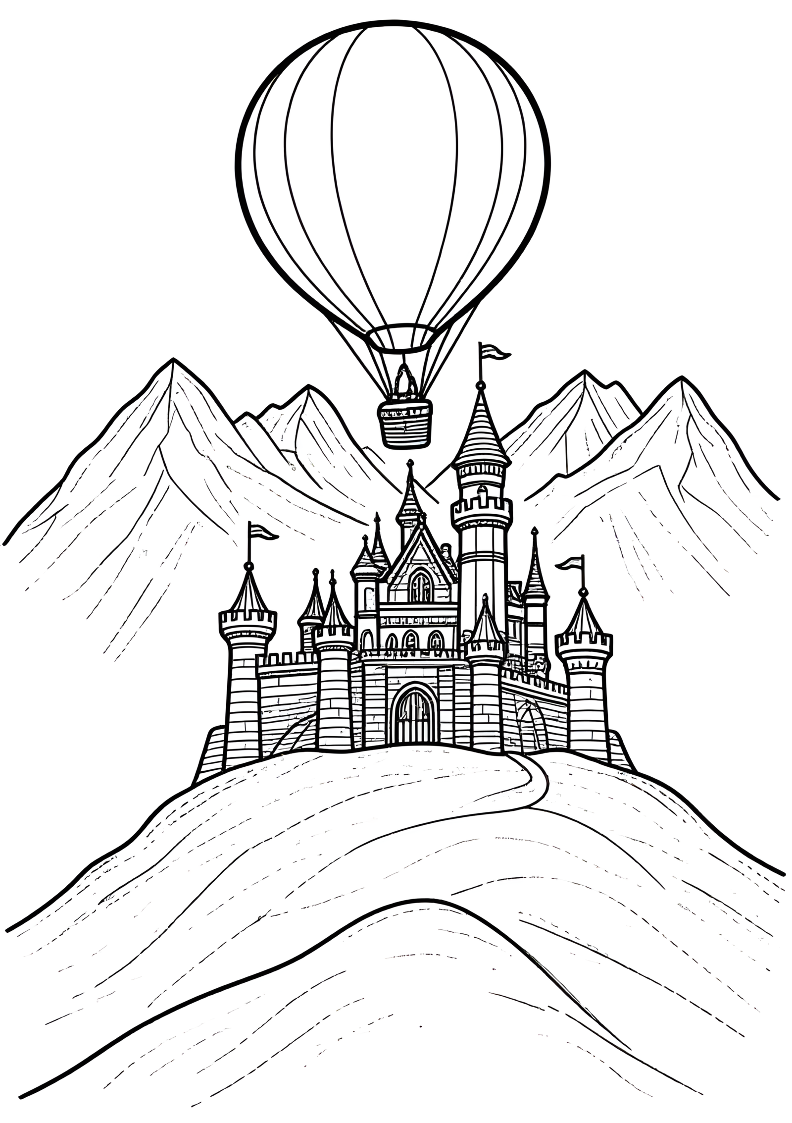 Coloriage Montgolfière au-dessus d’un château, variante 2