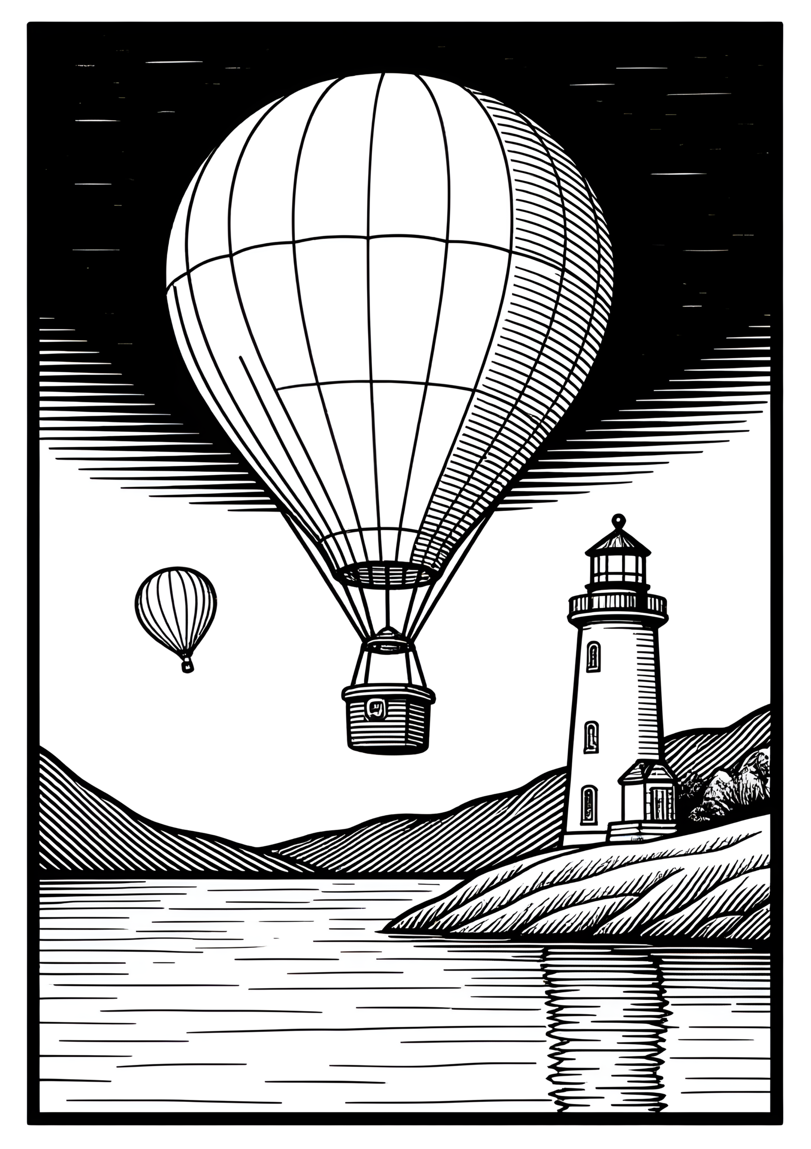 Coloriage Ballon au-dessus d'une falaise à phare, variante 2