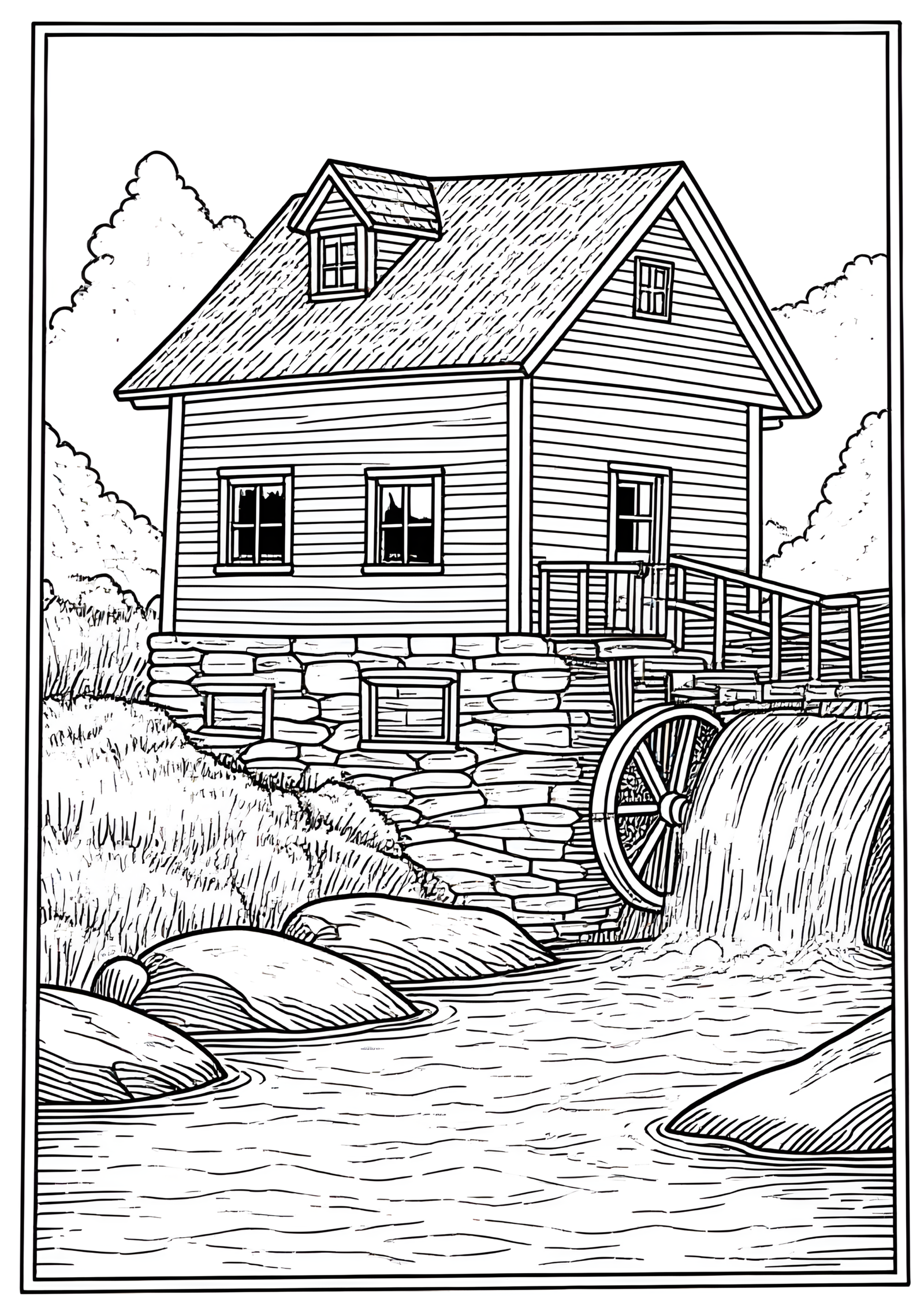 Coloriage Moulin à Eau en Pierre, variante 2