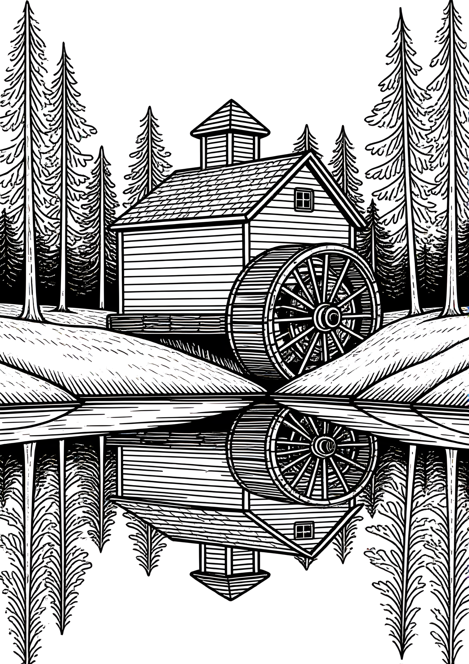 Coloriage Moulin À Eau À Roue À Aubes, variante 2