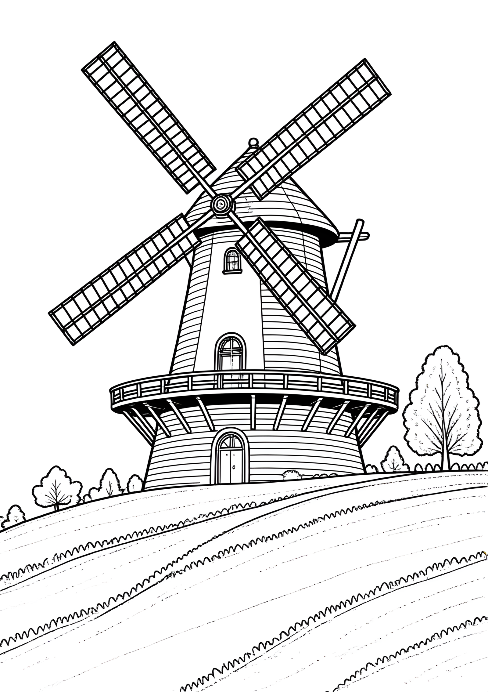 Coloriage Moulin à vent français sur colline, variante 2