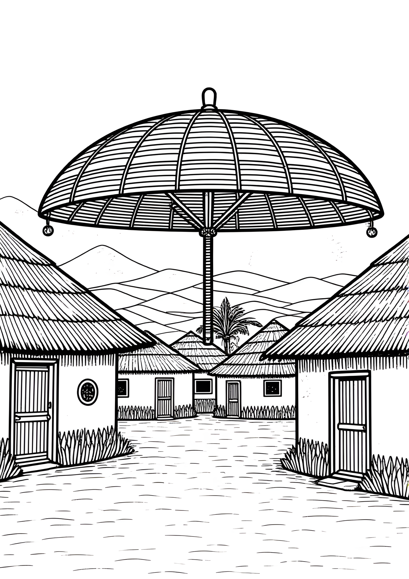 Coloriage Parasol Africain Tressé sur Natte, variante 2