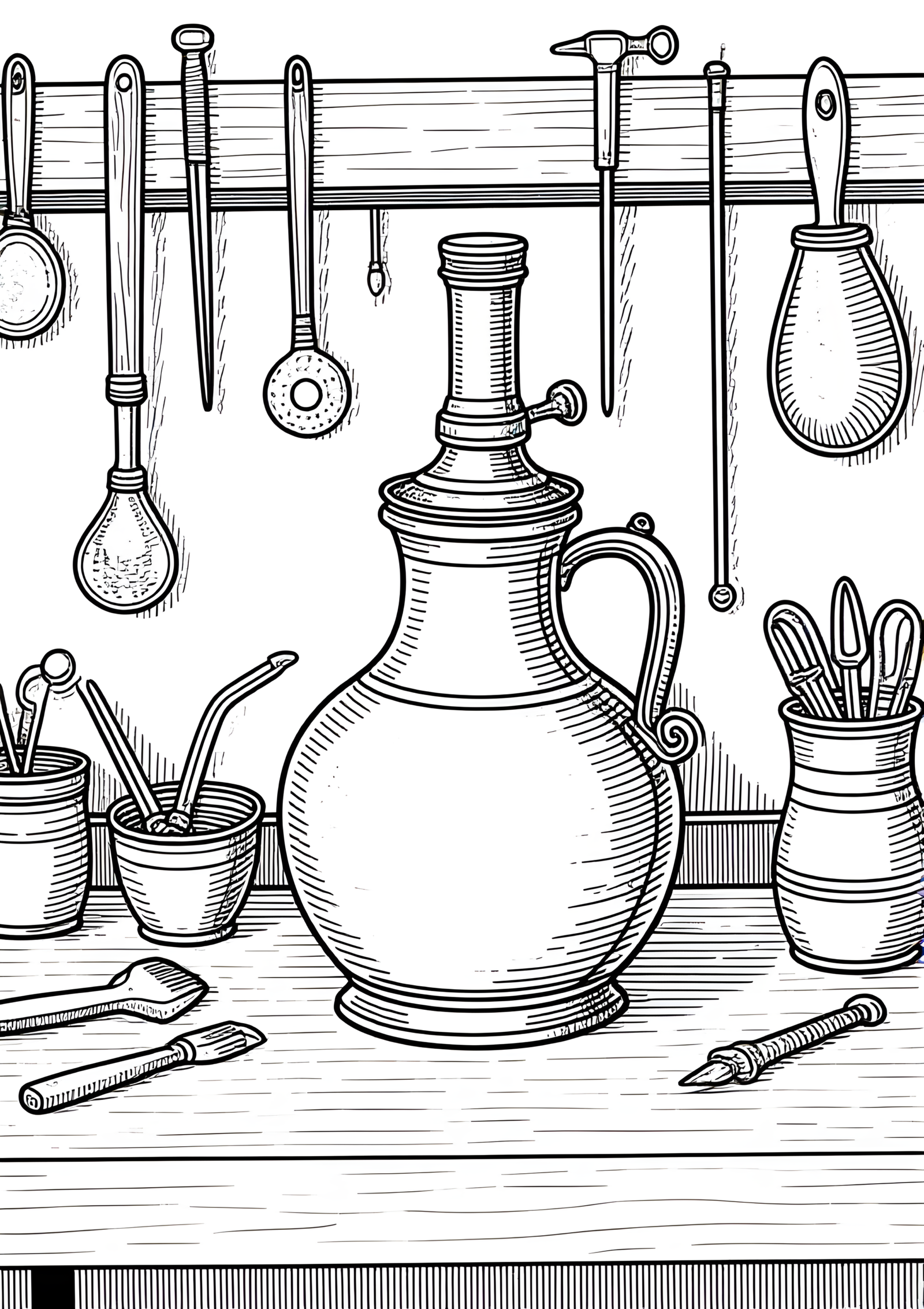 Coloriage atelier d'orfèvrerie aux outils suspendus, variante 2