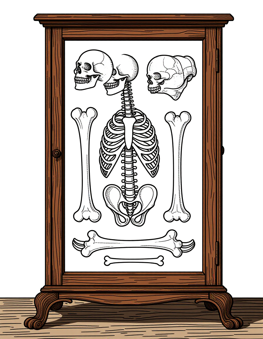 Coloriage Vitrines à Curiosités et Spécimens Squelettiques Antiques, variante 3