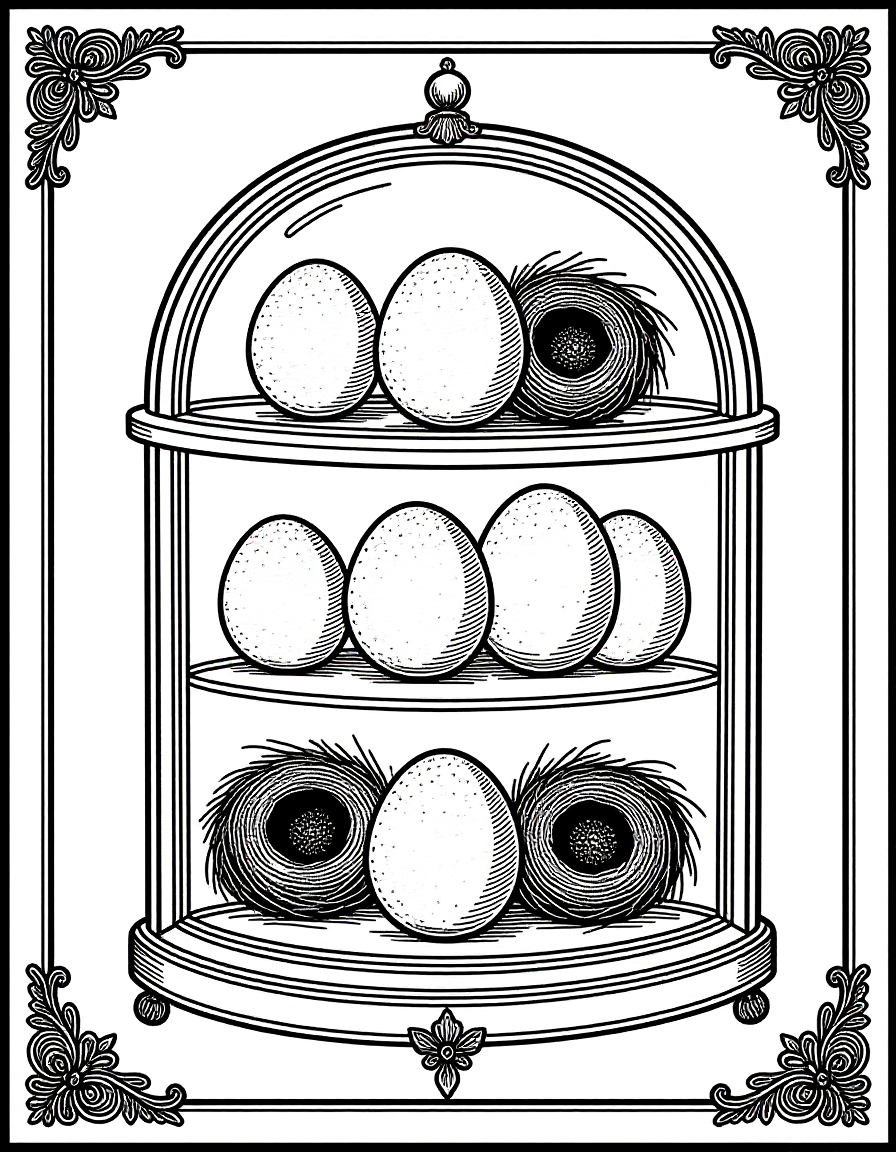 Coloriage Armoire à curiosités vitrée aux nids d'oiseaux, variante 3