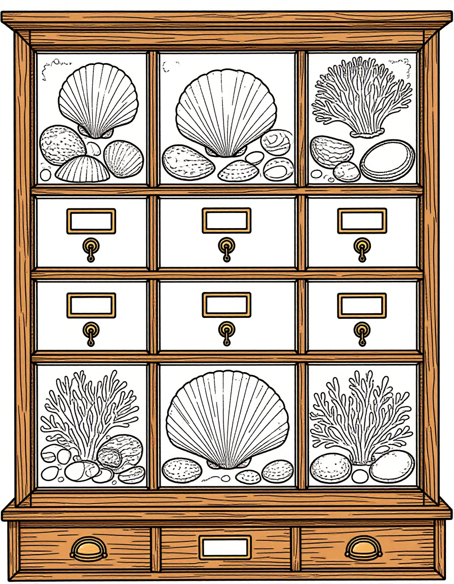 Coloriage Vitrine De Collectionnier Antiquaire Minéralogique, variante 3