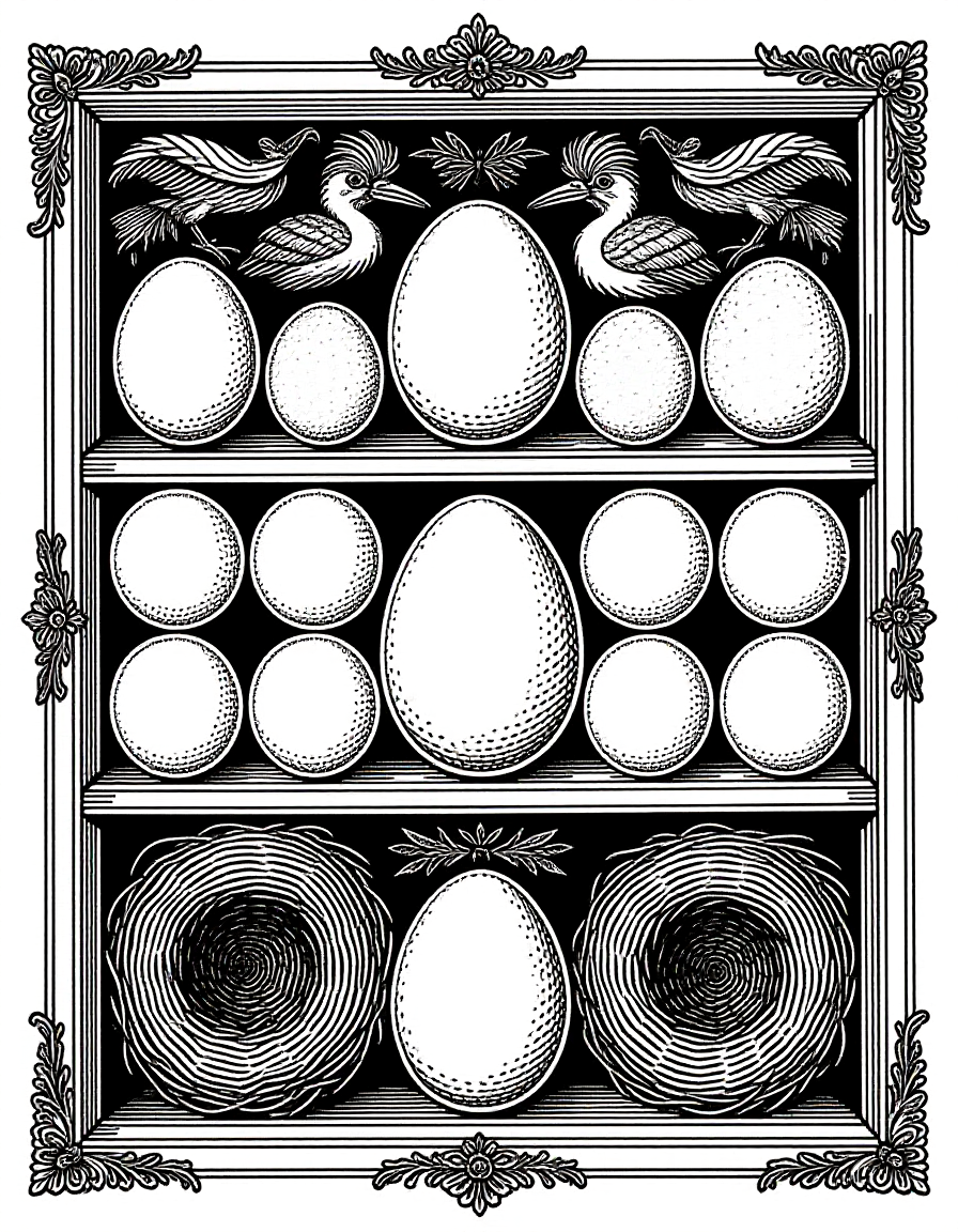 Coloriage Armoire de collection naturaliste aux nids d'oiseaux, variante 3