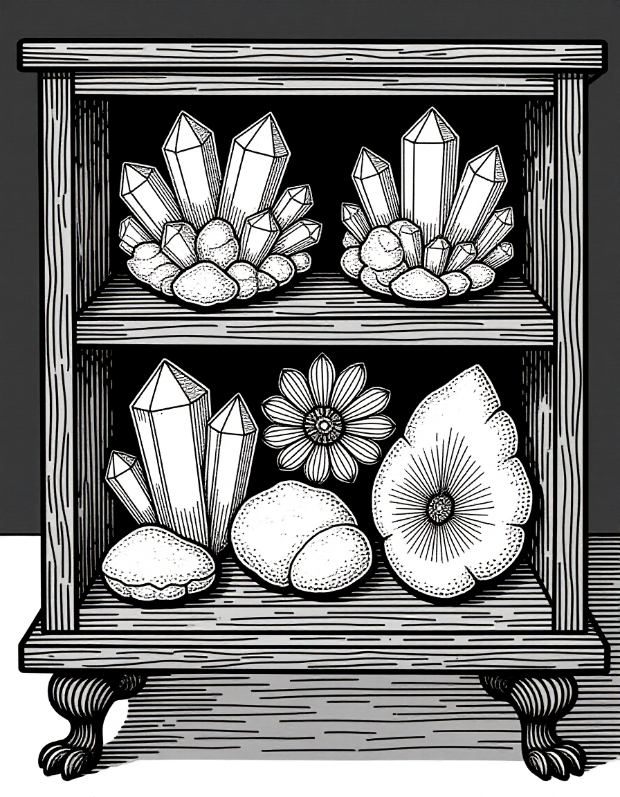 Coloriage Vitrines d'une chambre de curiosités minéraux fossiles, variante 3