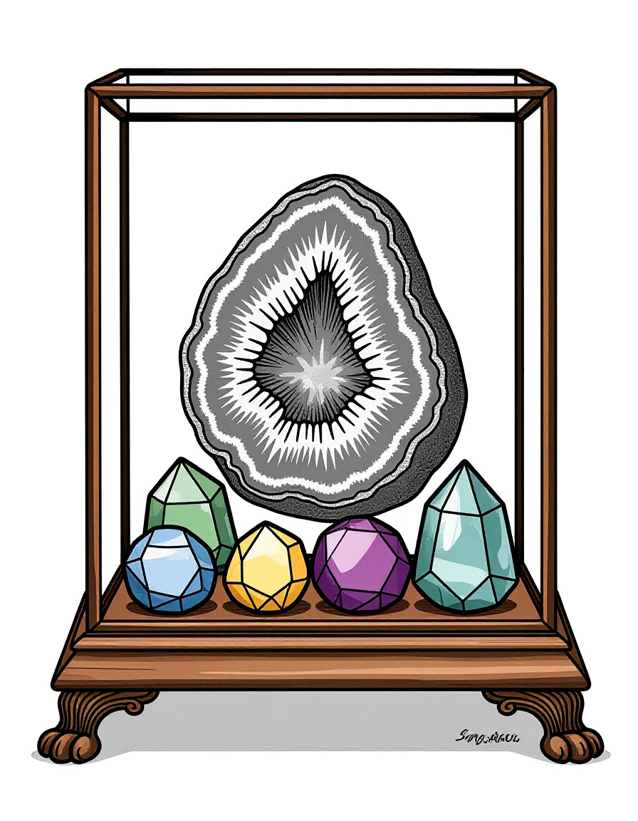 Coloriage Vitrine De Taxidermiste Avec Pierres Précieuses, variante 3