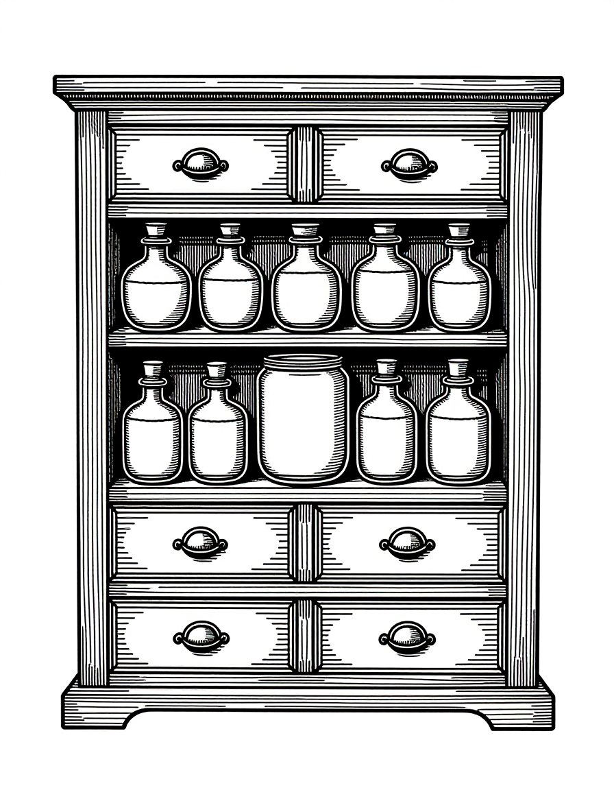 Coloriage Armoire à Curiosités Alchimique Antique, variante 3