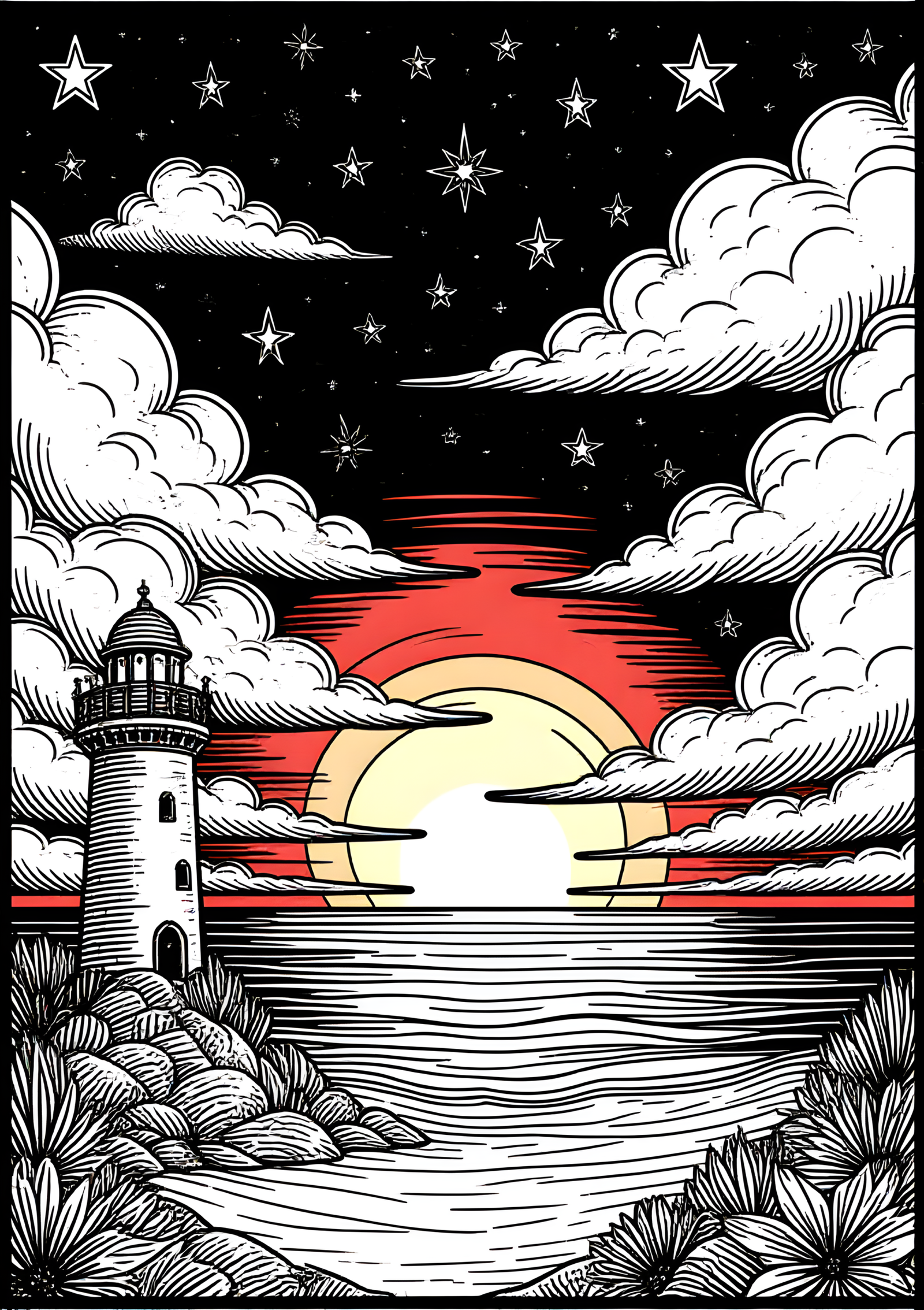 Coloriage Coucher de Soleil Dramatique sur la Côte, variante 3