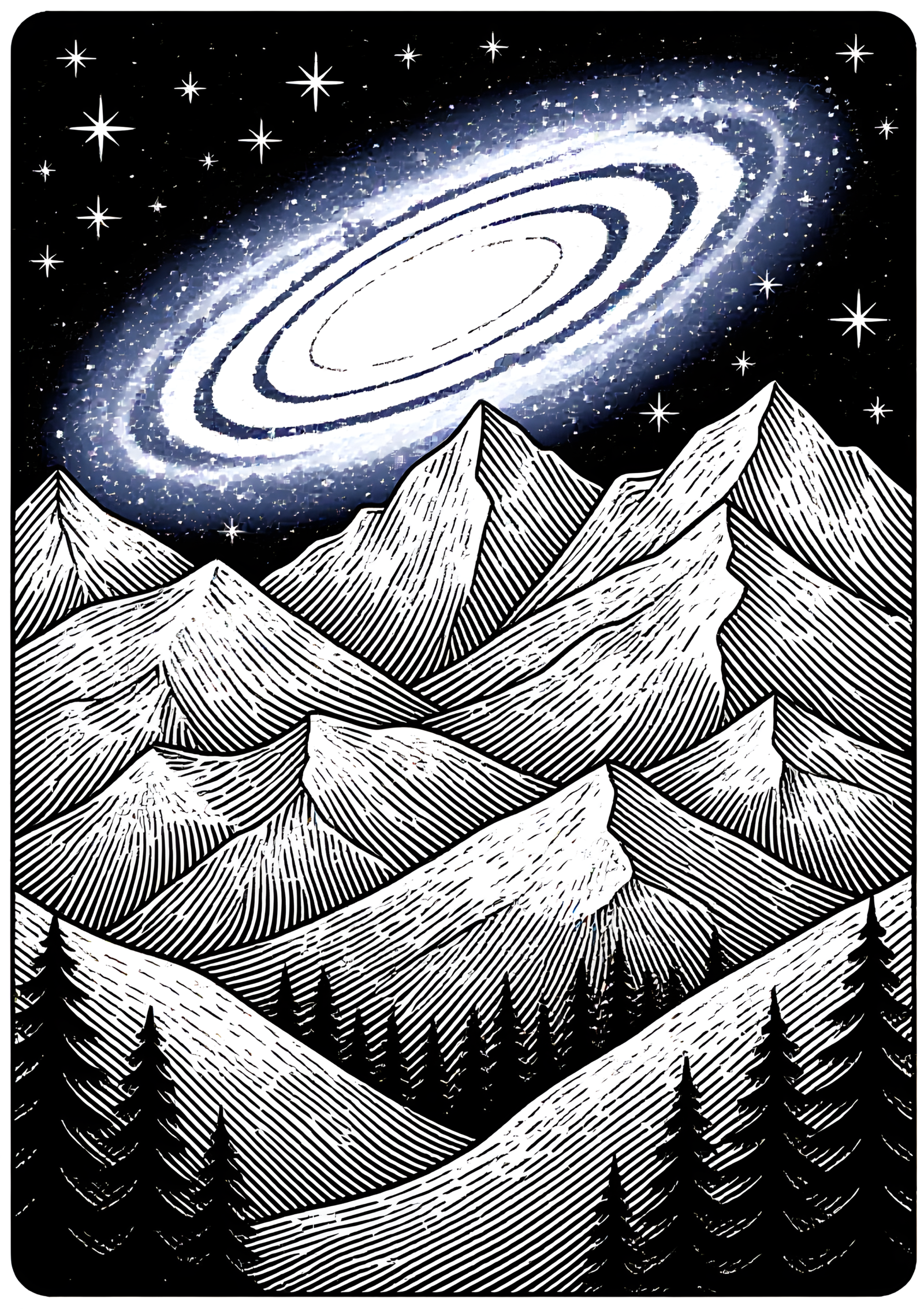 Coloriage Voie Lactée sur Chaîne de Montagnes Étoilée, variante 3