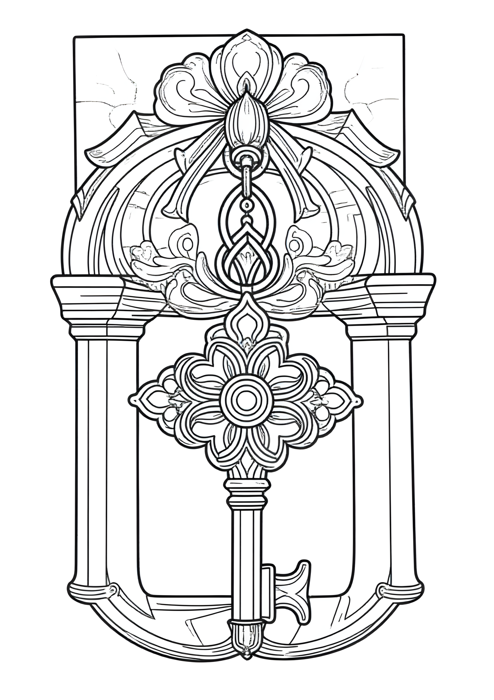Coloriage Clé Monastique avec Ornement Quatrefoil Élégant, variante 3
