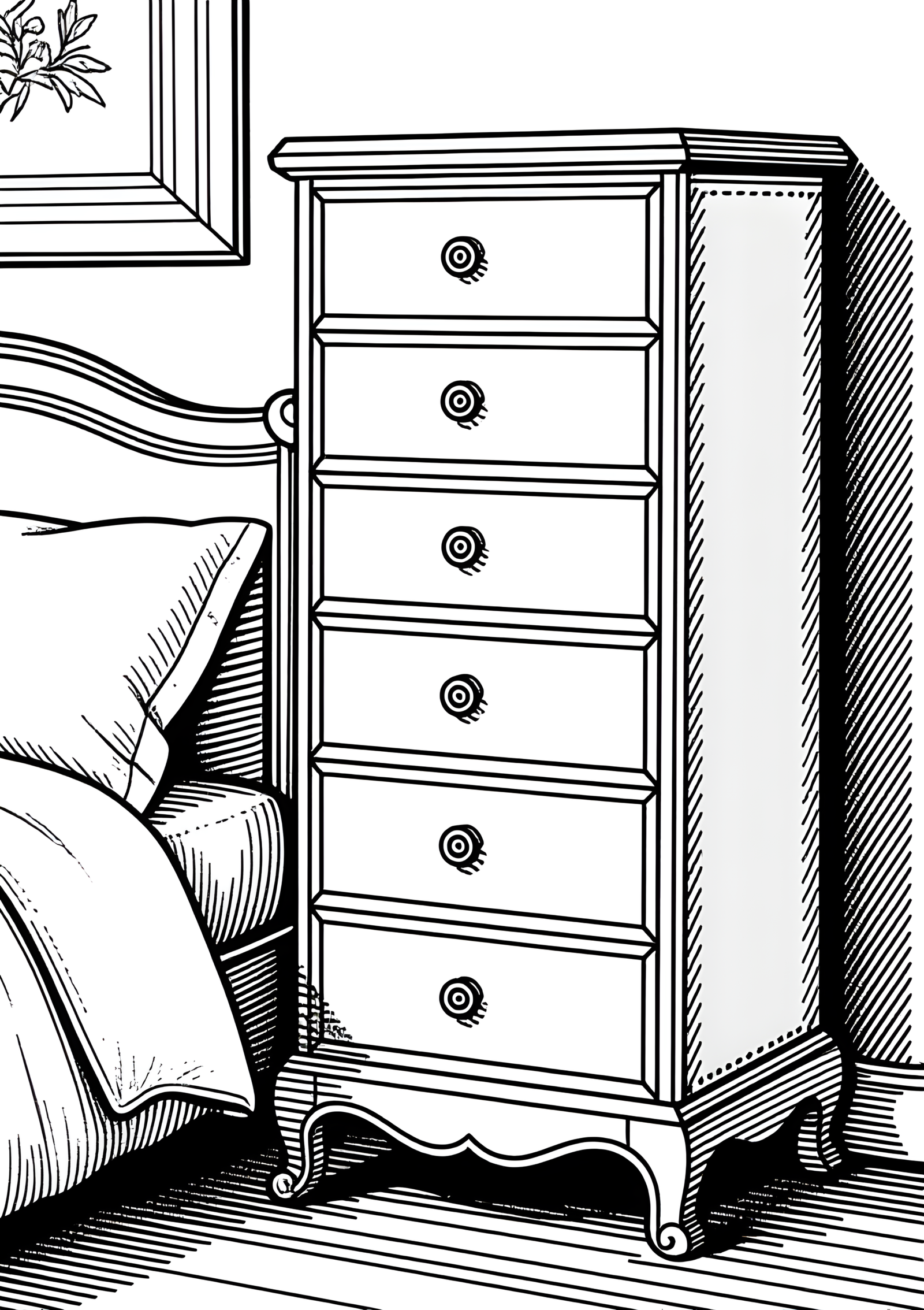 Coloriage Armoire à bijoux miniature près d'un lit, variante 3