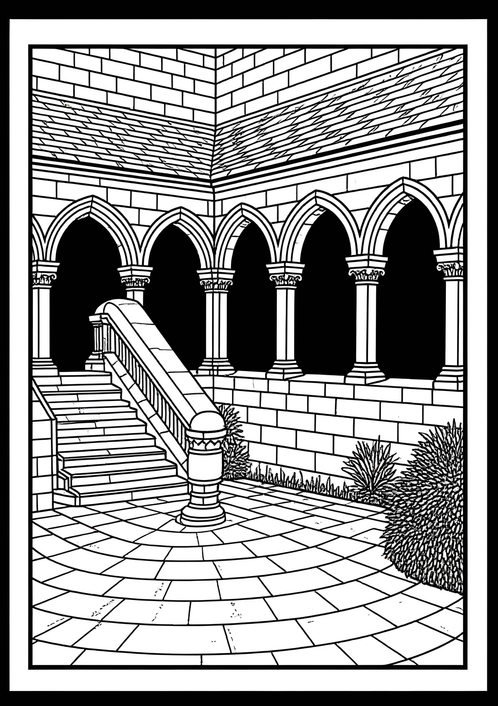 Coloriage Escalier Monastique Jardin Intérieur Façade Pierre Claire, variante 3