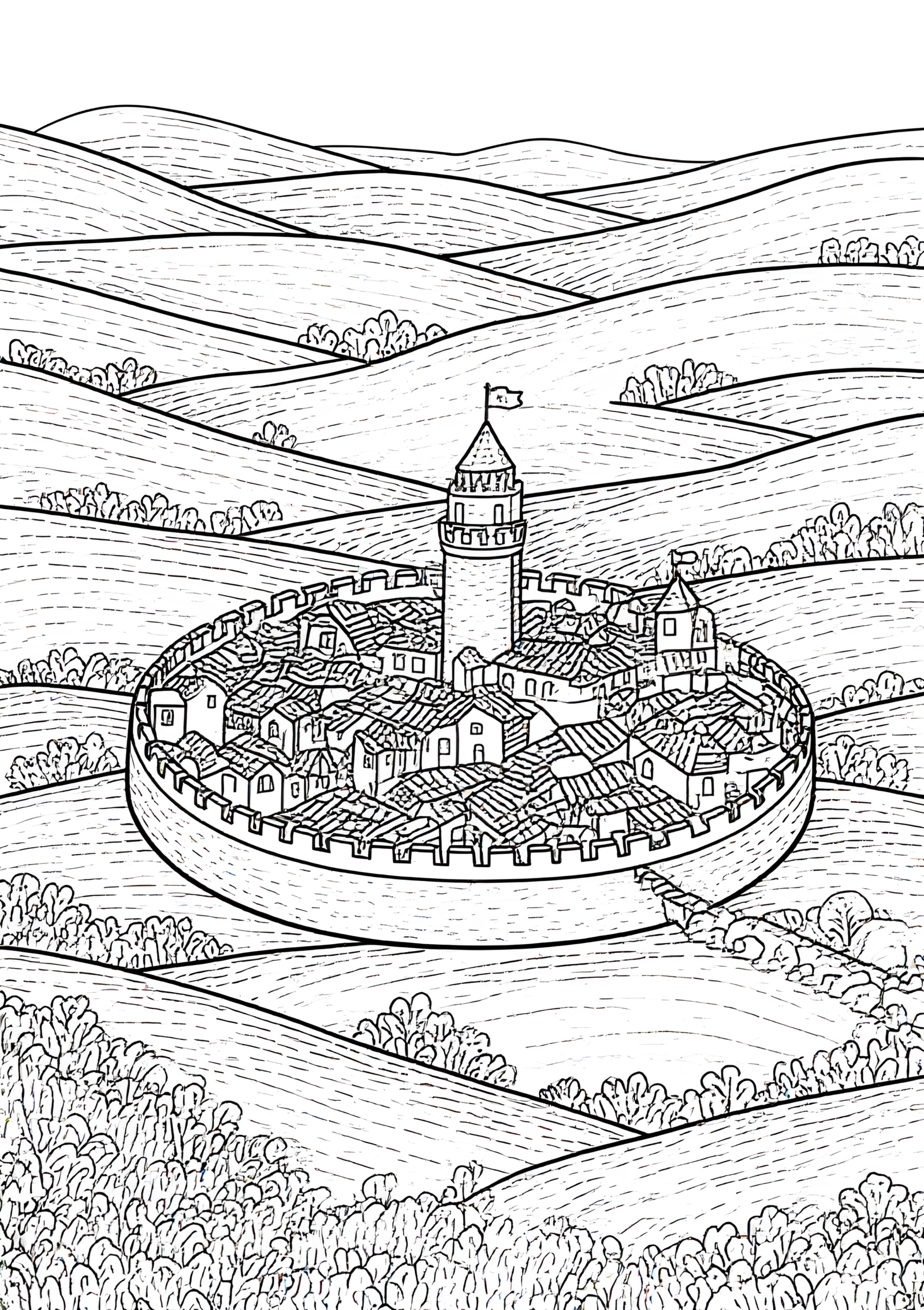 Coloriage Canal Circulaire Autour d’une Ville Fortifiée, variante 3