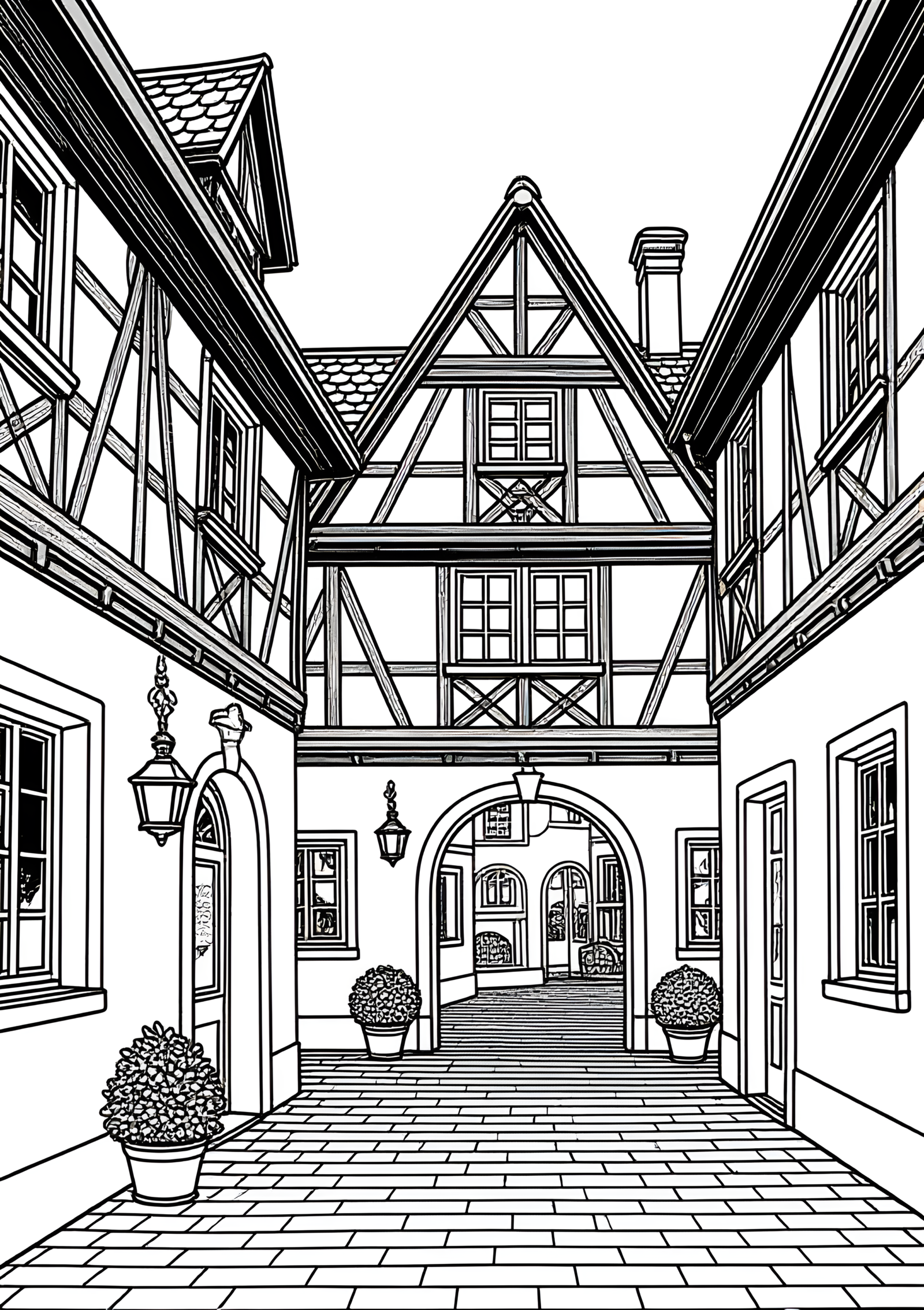 Coloriage Galerie À Colombages À Cour Allemande, variante 3