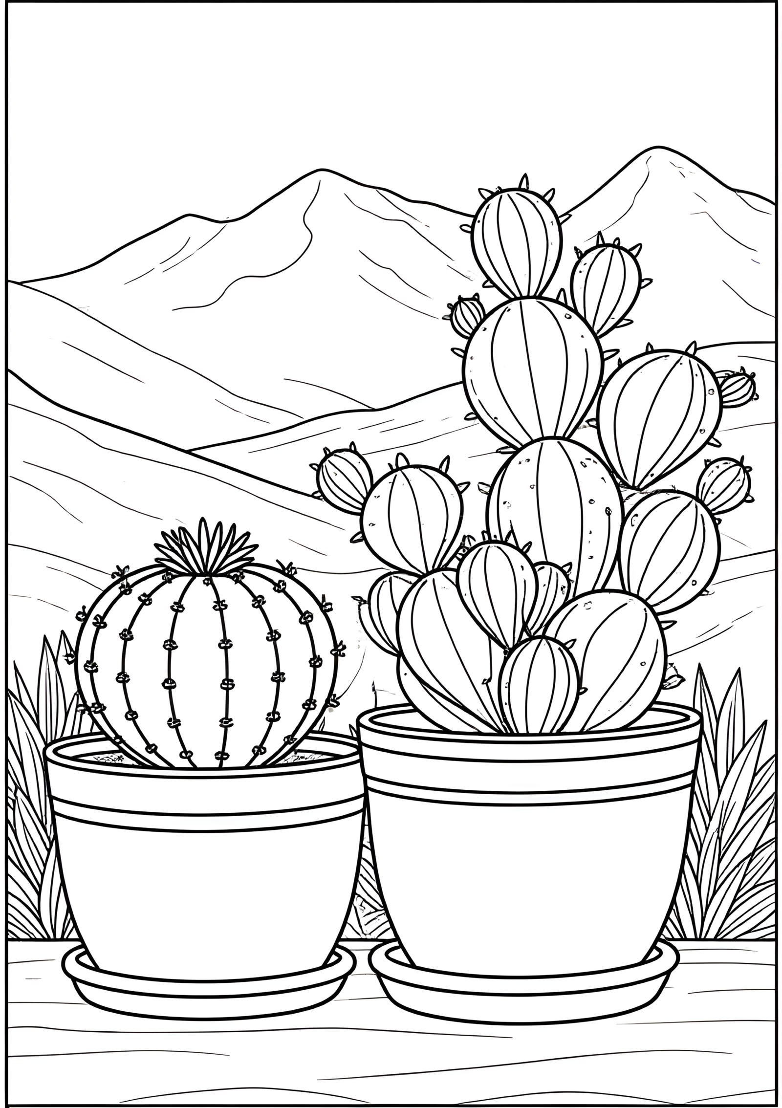 Coloriage Famille De Cactus En Pots Sur Un Patio, variante 3