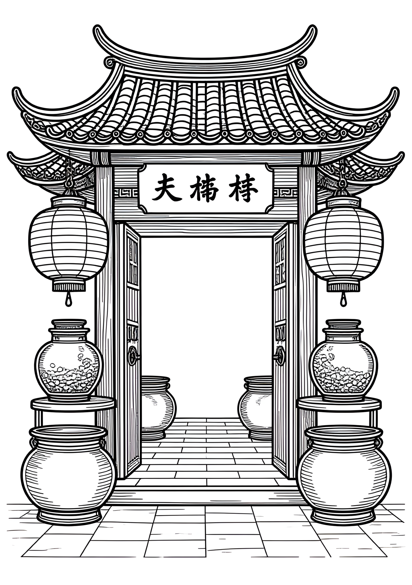 Coloriage Porte de Maison de Thé Chinoise, variante 3