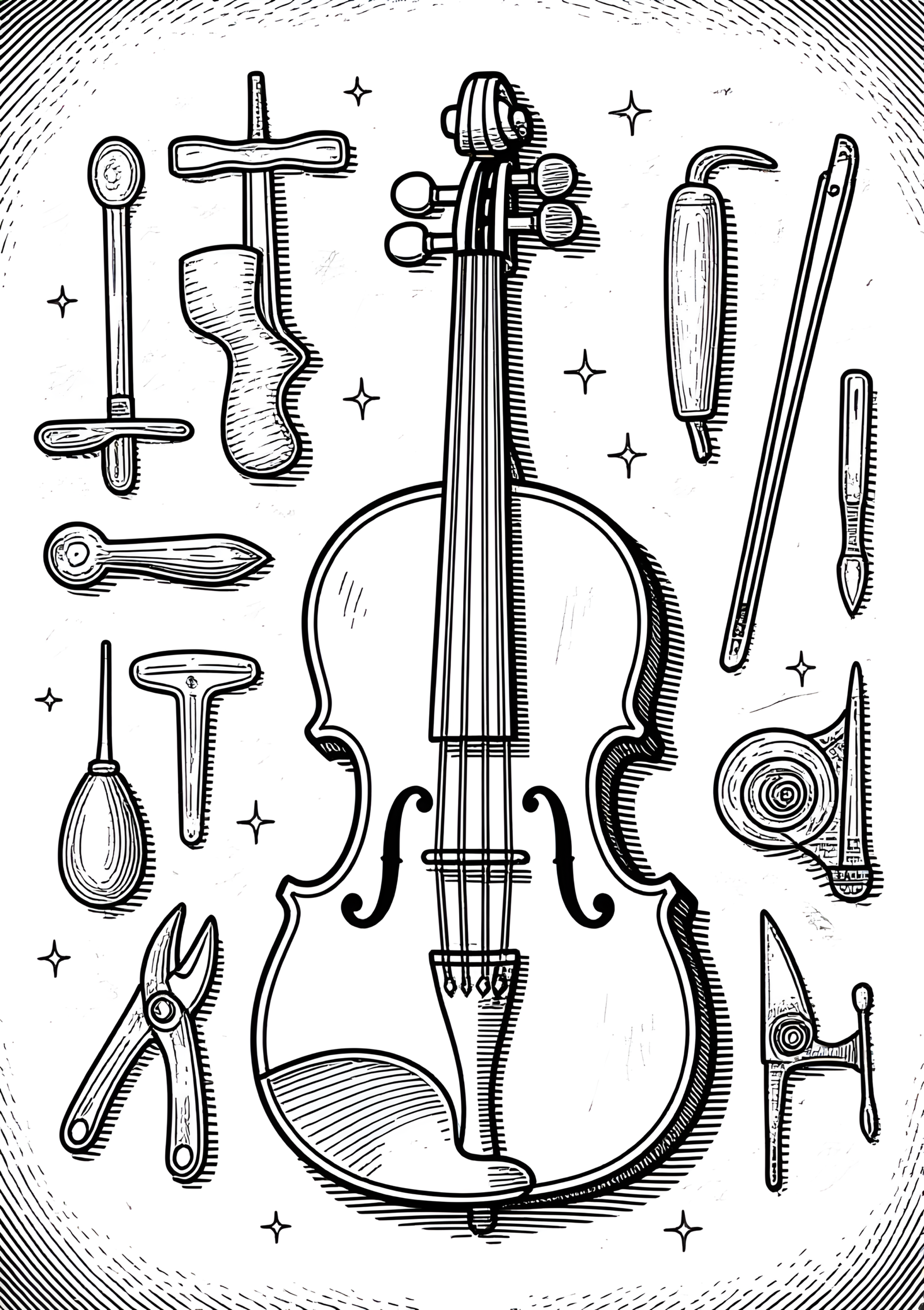 Coloriage atelier de lutherie, variante 3