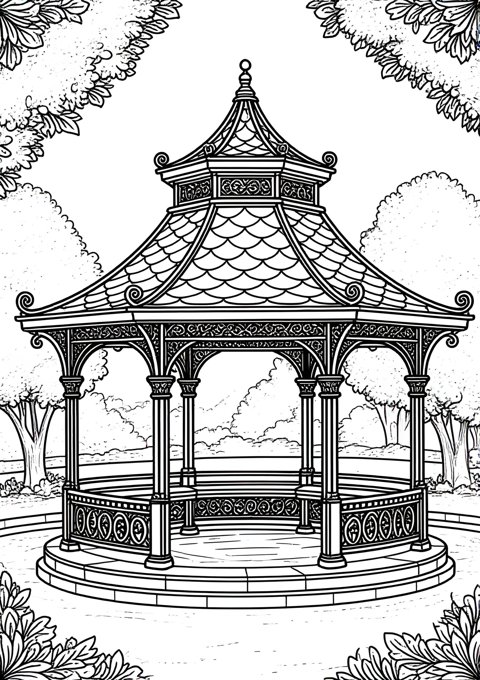 Coloriage Kiosque À Musique En Parc, variante 3