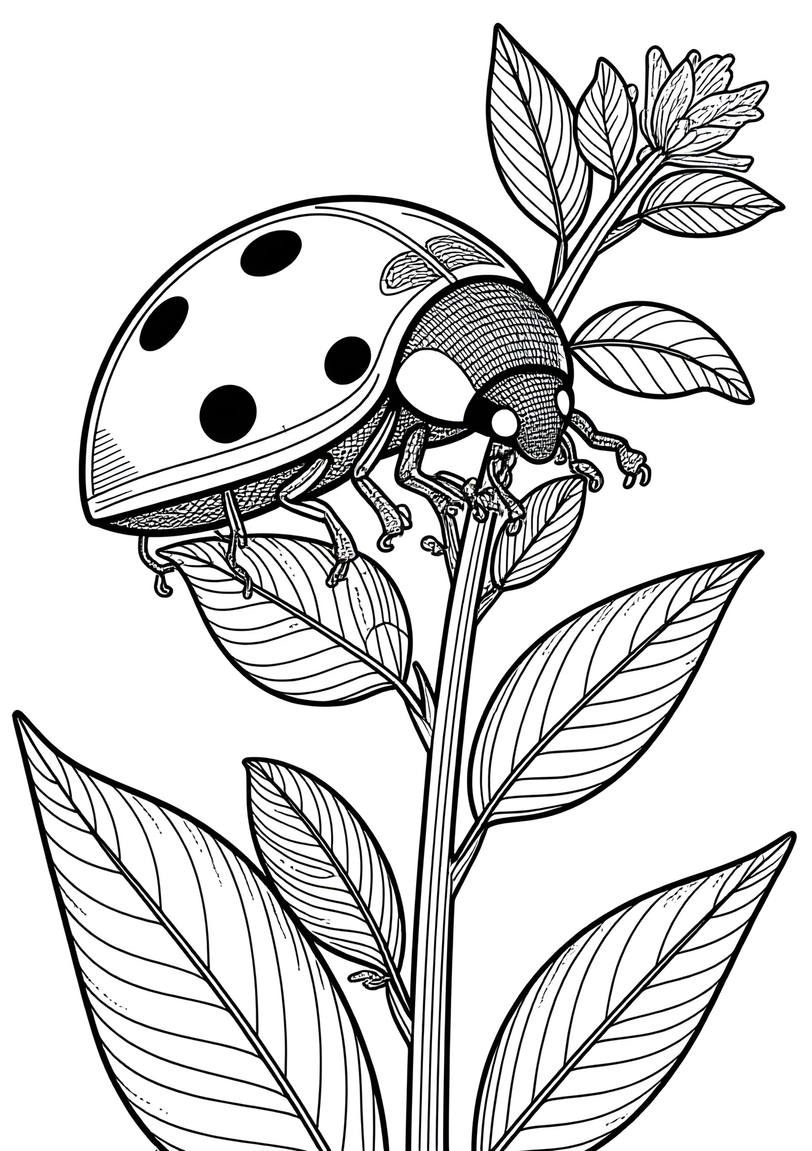 Coloriage Coccinelle Montant une Tige Pleine de Pucerons, variante 3