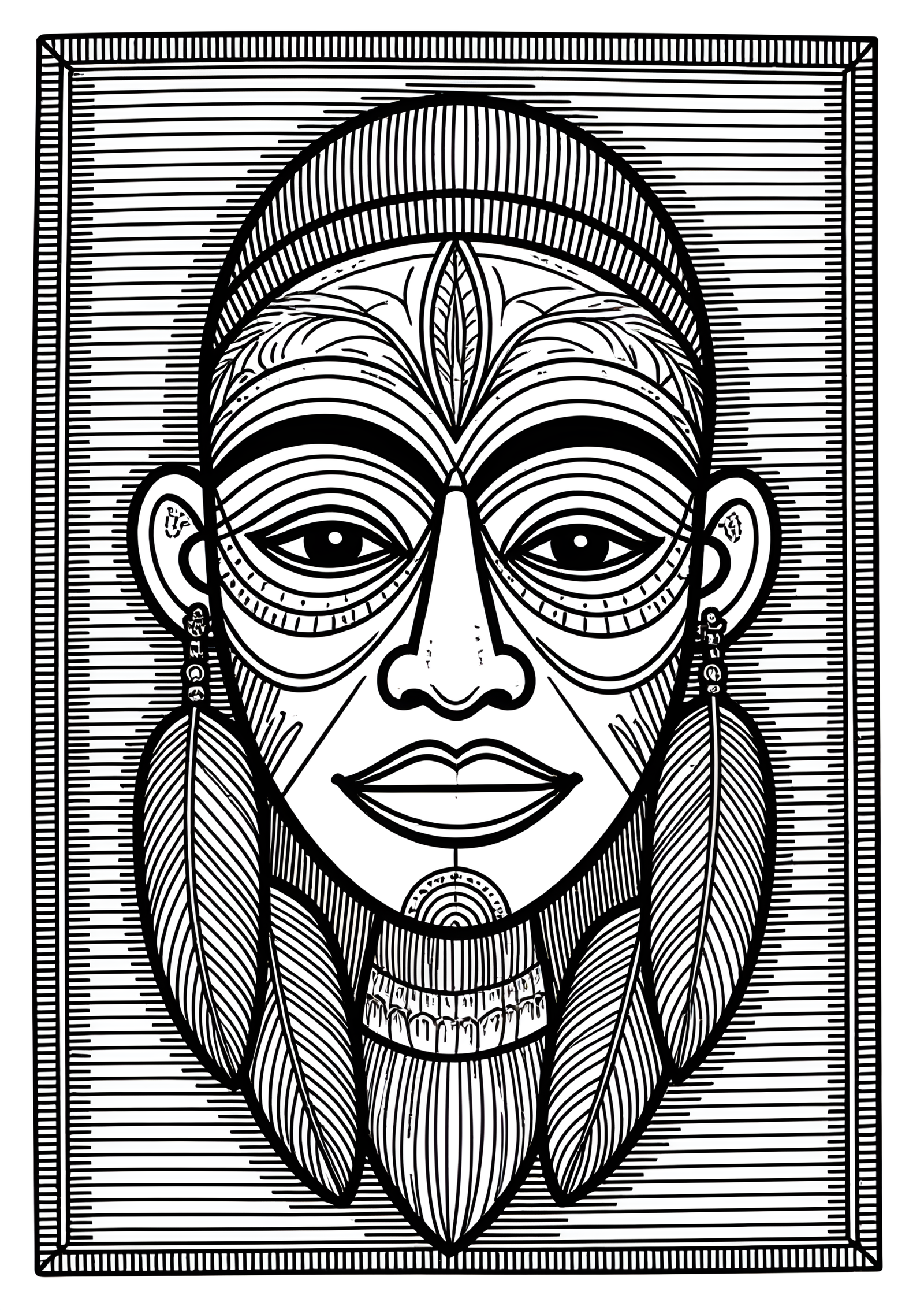 Coloriage Masque Papou en Écorce et Plumes, variante 3