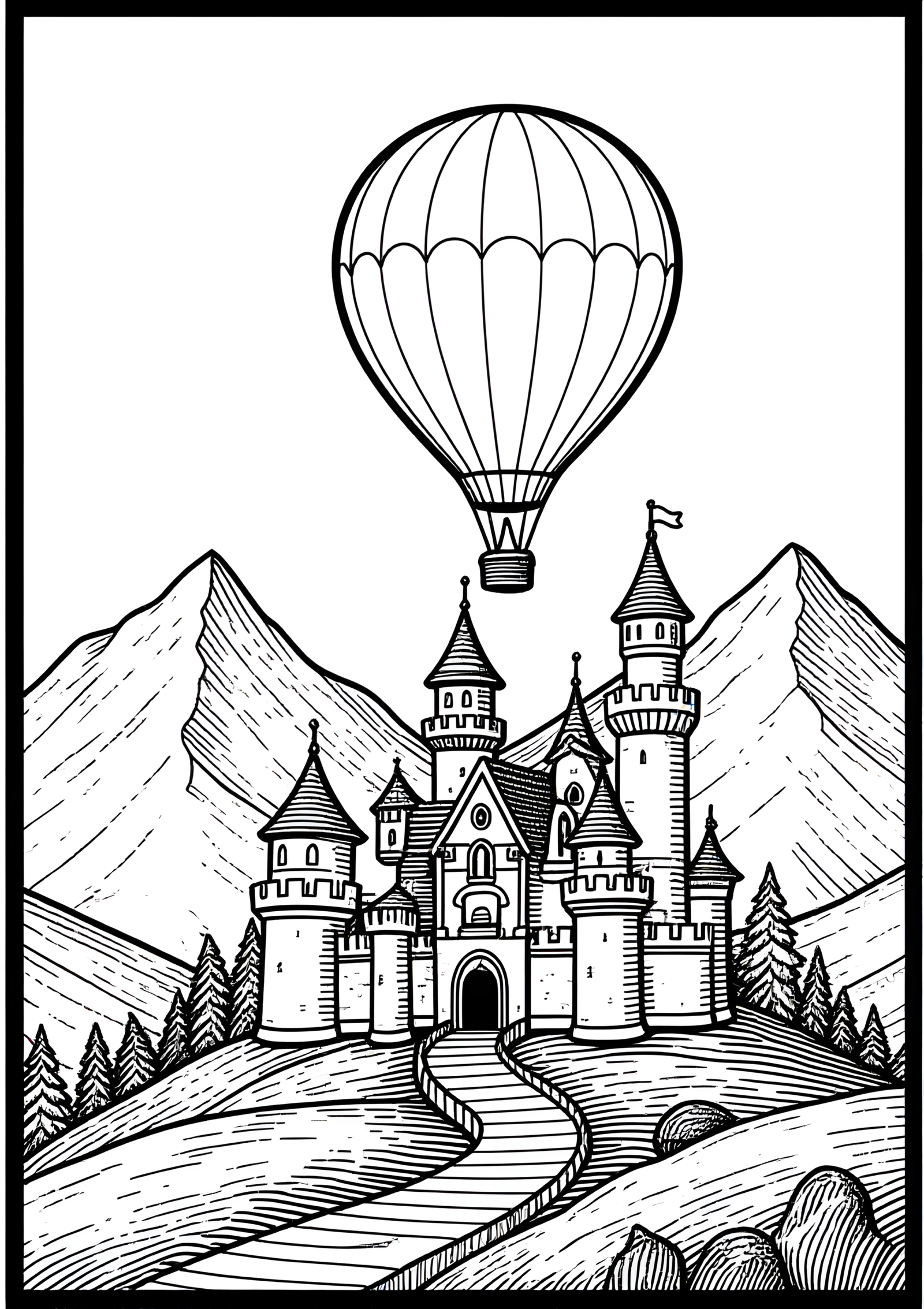 Coloriage Montgolfière au-dessus d’un château, variante 3