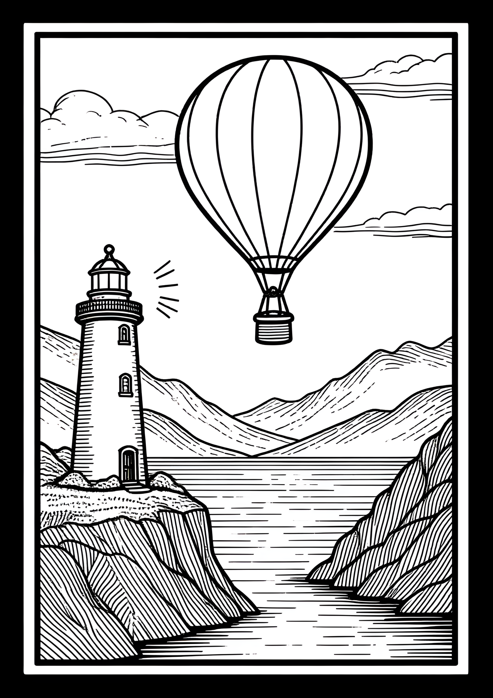 Coloriage Ballon au-dessus d'une falaise à phare, variante 3