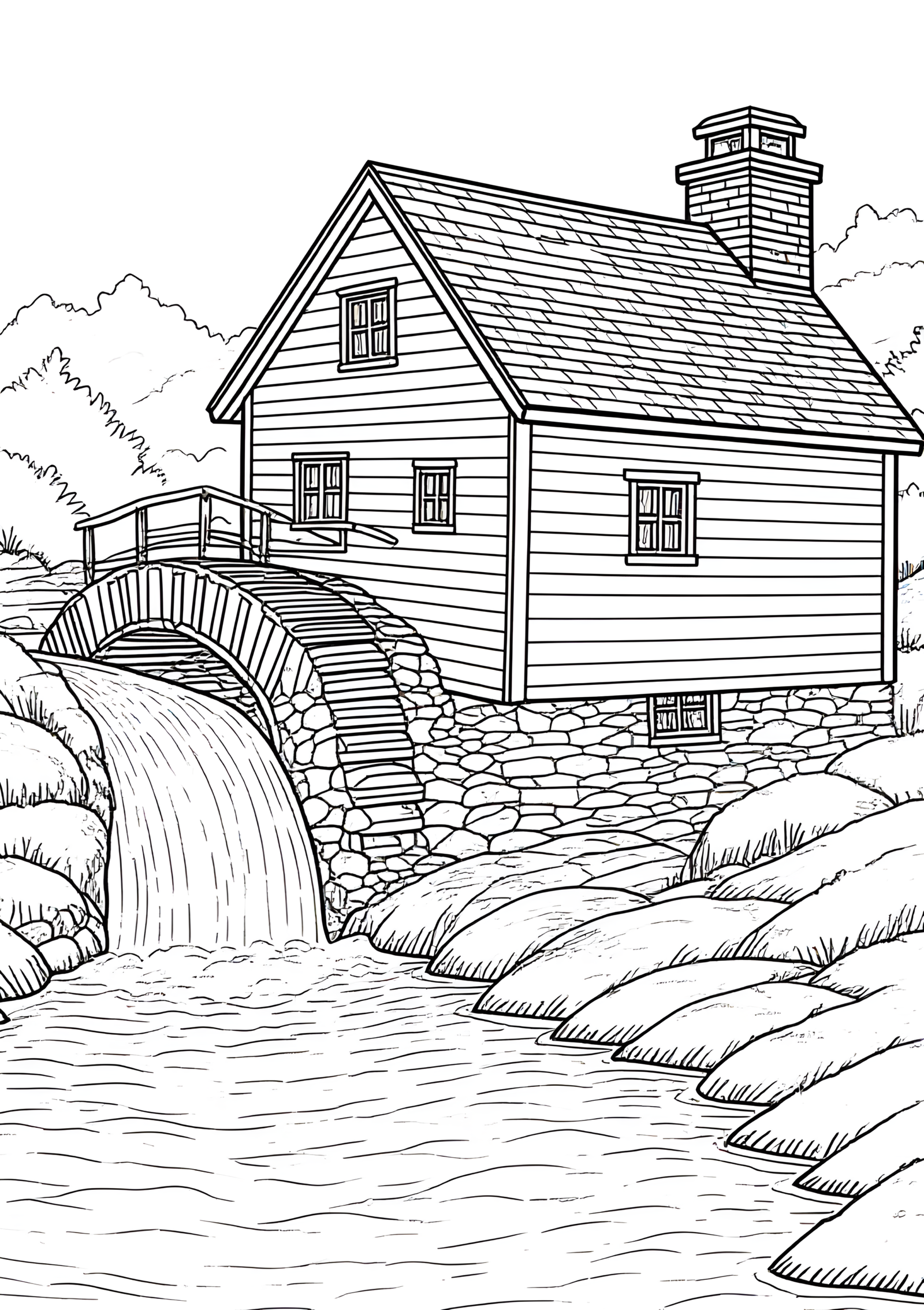 Coloriage Moulin à Eau en Pierre, variante 3