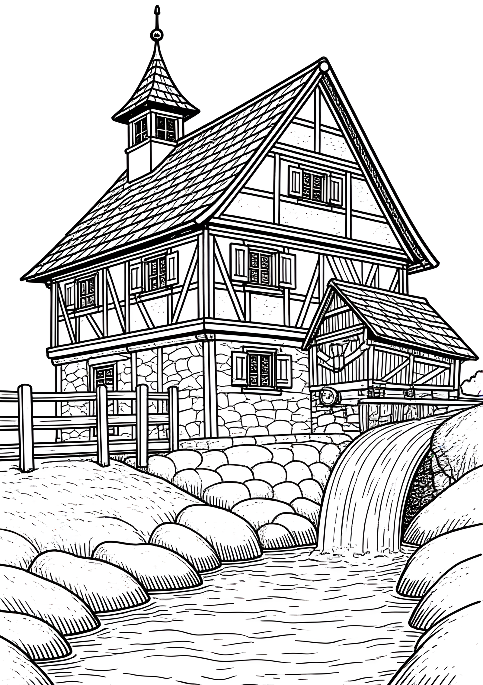 Coloriage Moulin à colombage allemand, variante 3