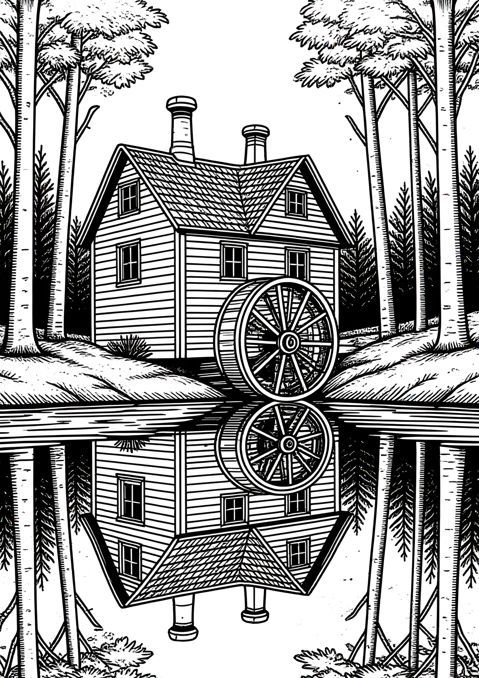 Coloriage Moulin À Eau À Roue À Aubes, variante 3