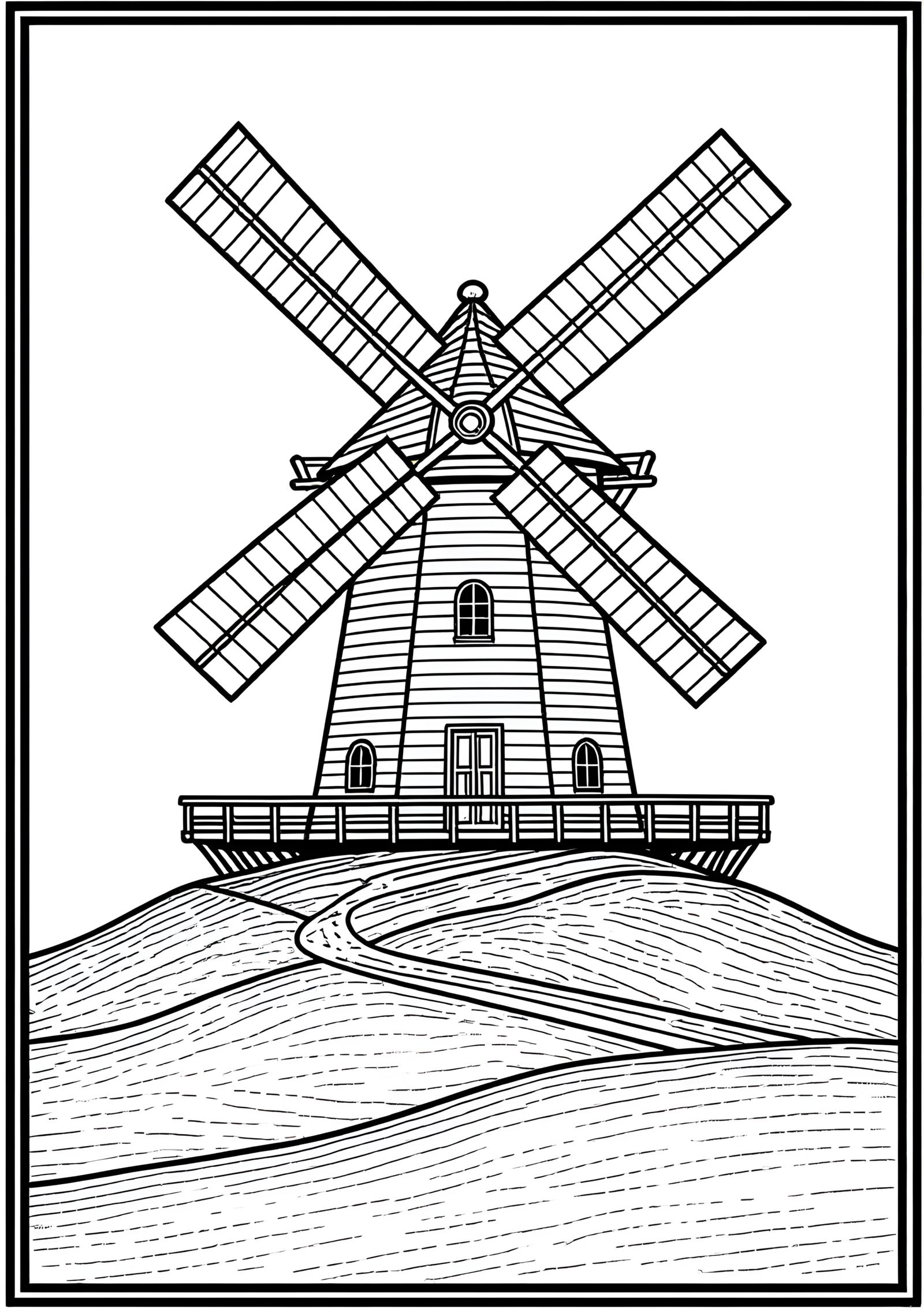 Coloriage Moulin à vent français sur colline, variante 3
