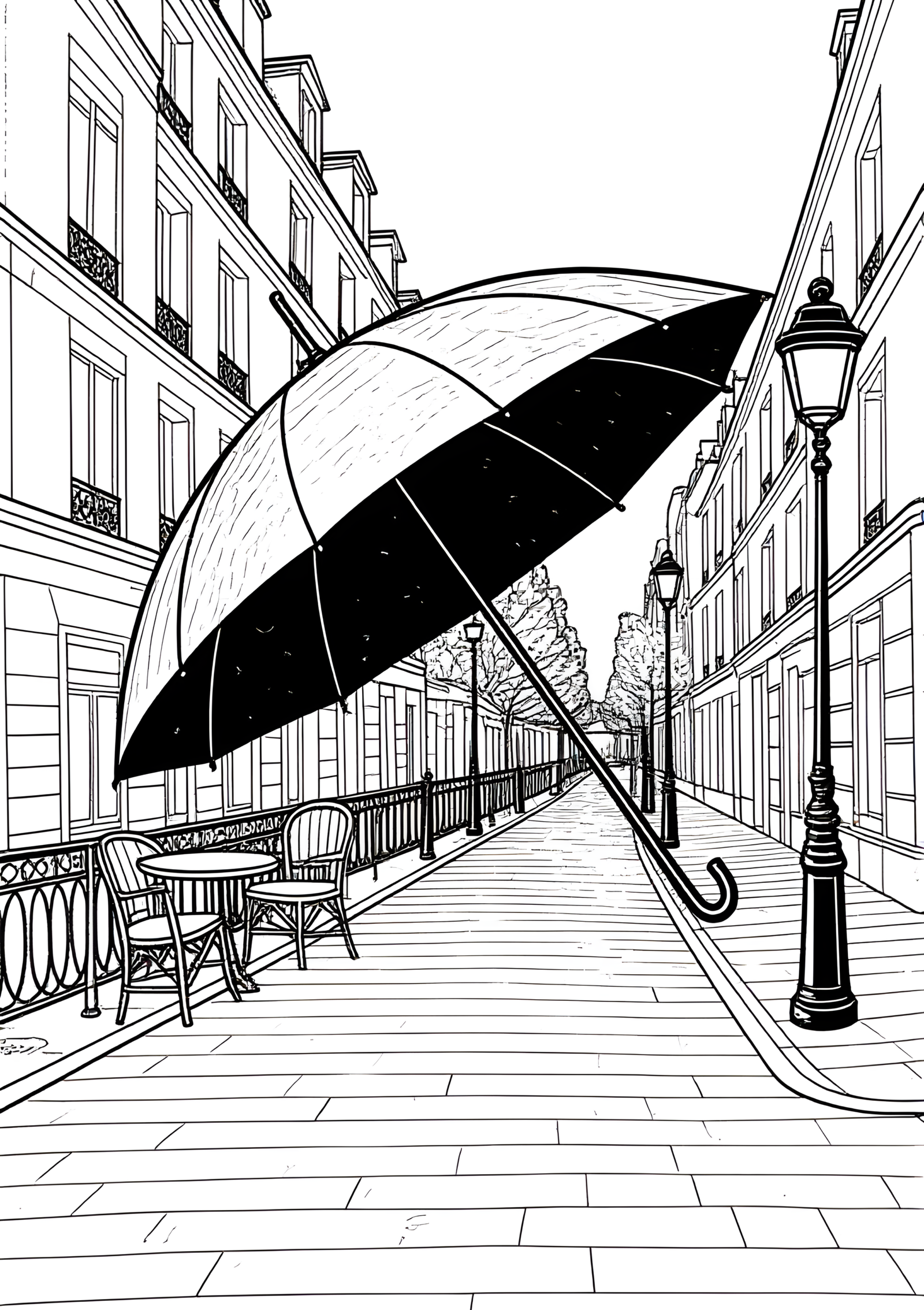 Coloriage Parapluie Parisien Sous la Pluie, variante 3