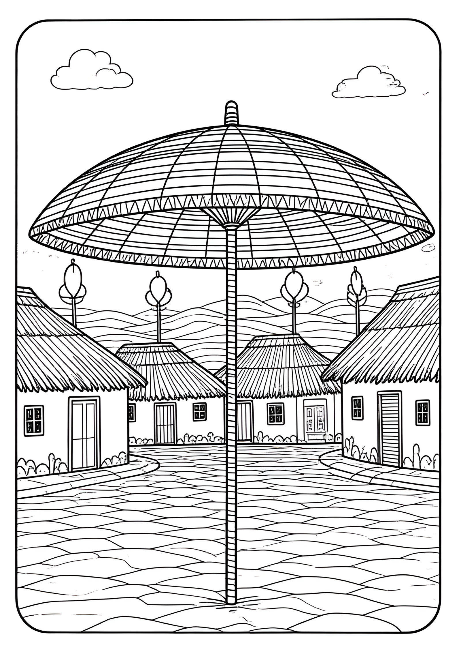 Coloriage Parasol Africain Tressé sur Natte, variante 3