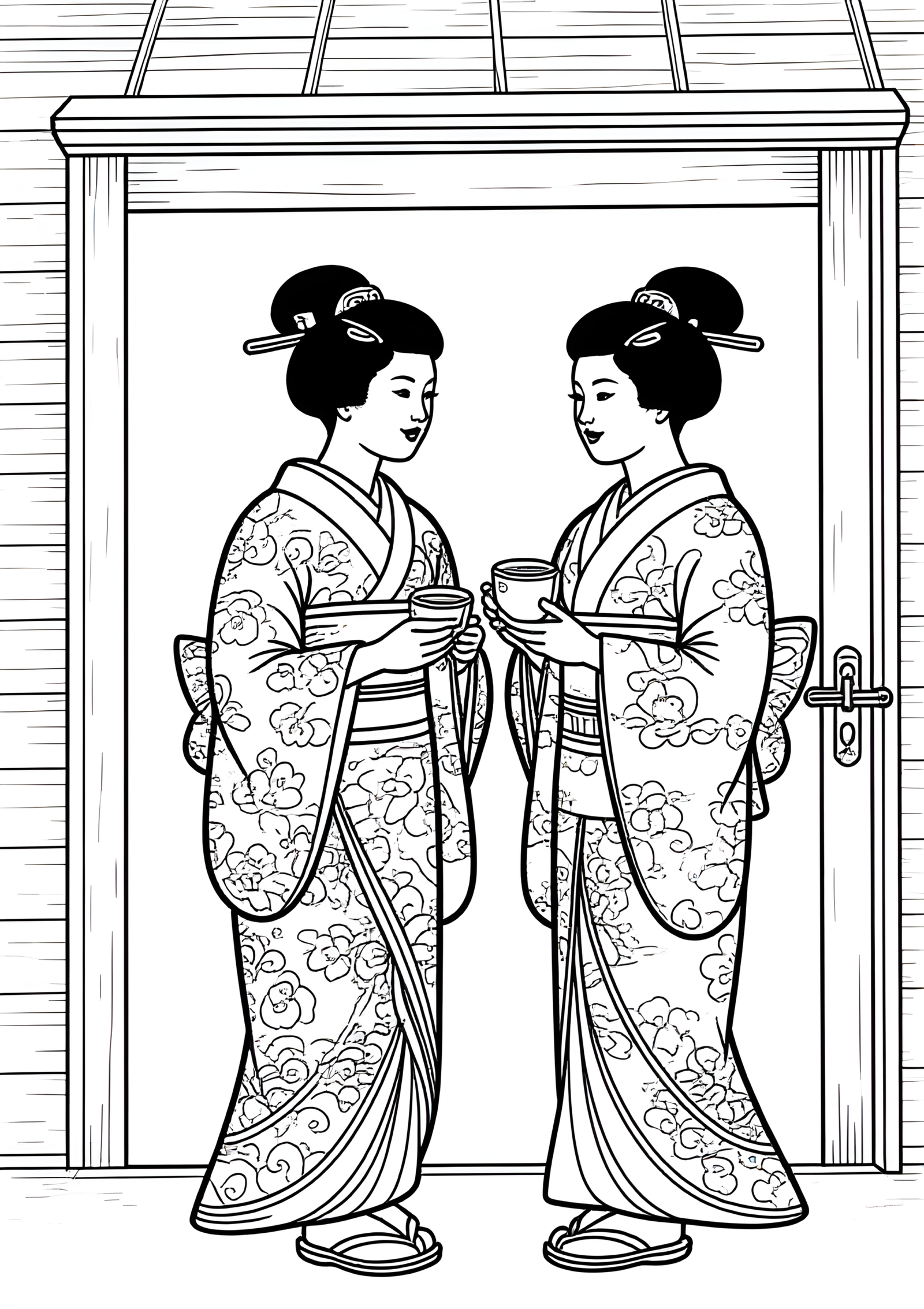 Coloriage Parapluies Japonais Wagasa Devant Une Maison De Thé, variante 3