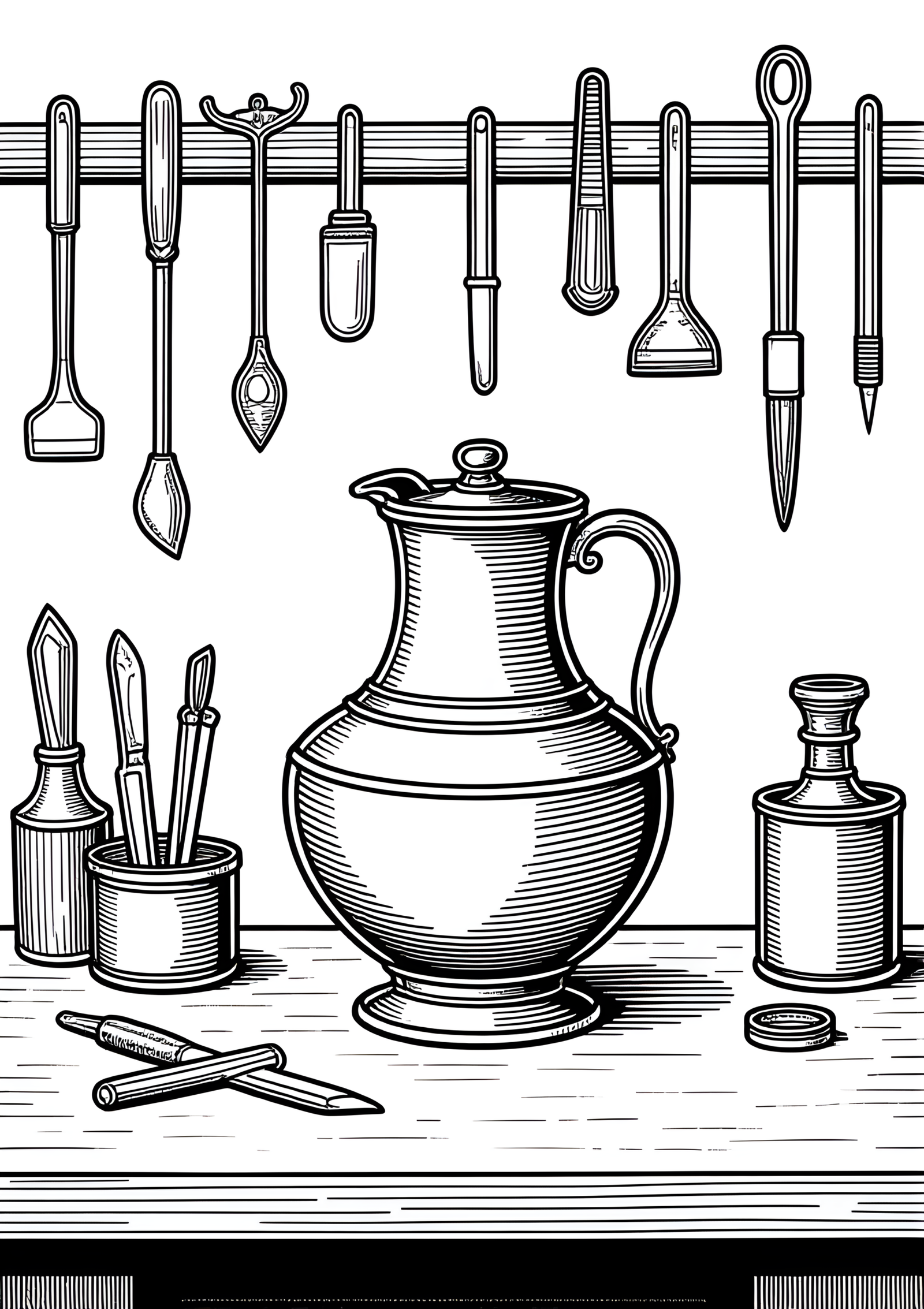 Coloriage atelier d'orfèvrerie aux outils suspendus, variante 3