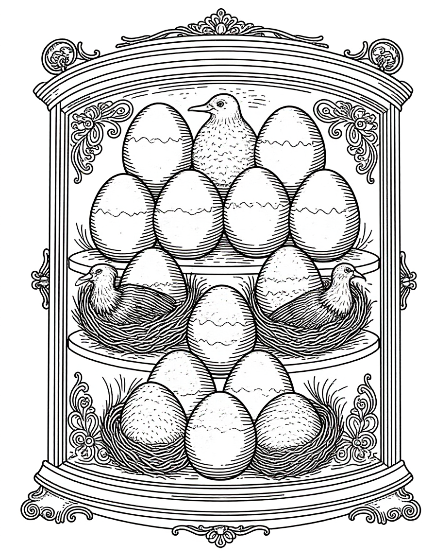 Coloriage Armoire à curiosités vitrée aux nids d'oiseaux, variante 4