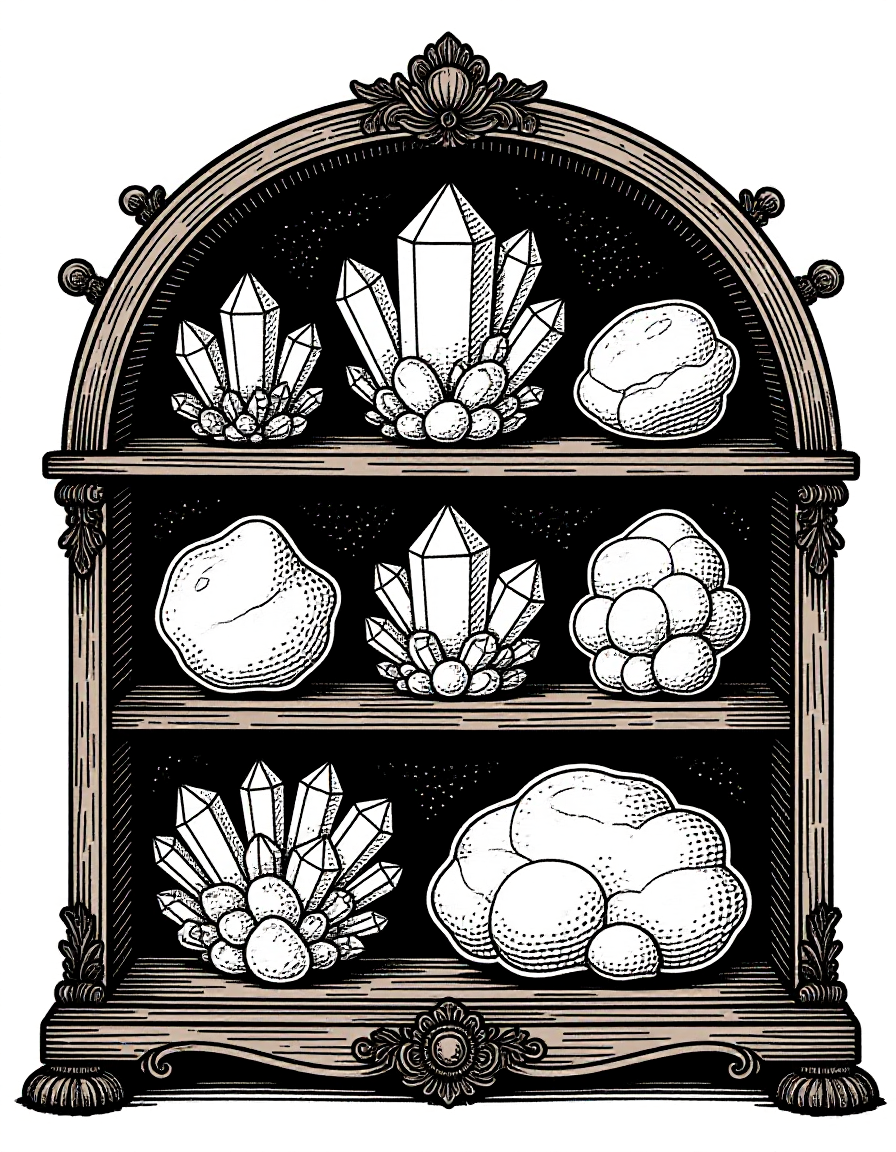 Coloriage Vitrines d'une chambre de curiosités minéraux fossiles, variante 4