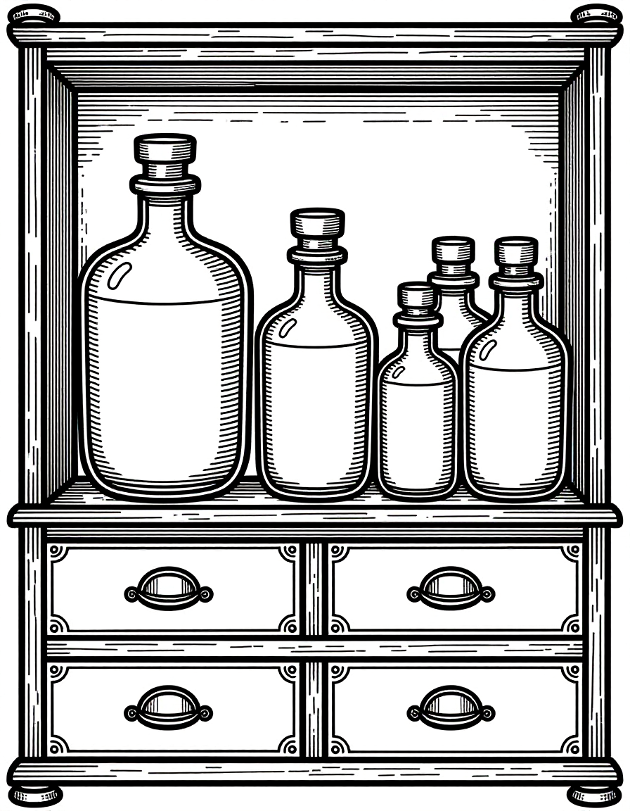 Coloriage Armoire à Curiosités Alchimique Antique, variante 4