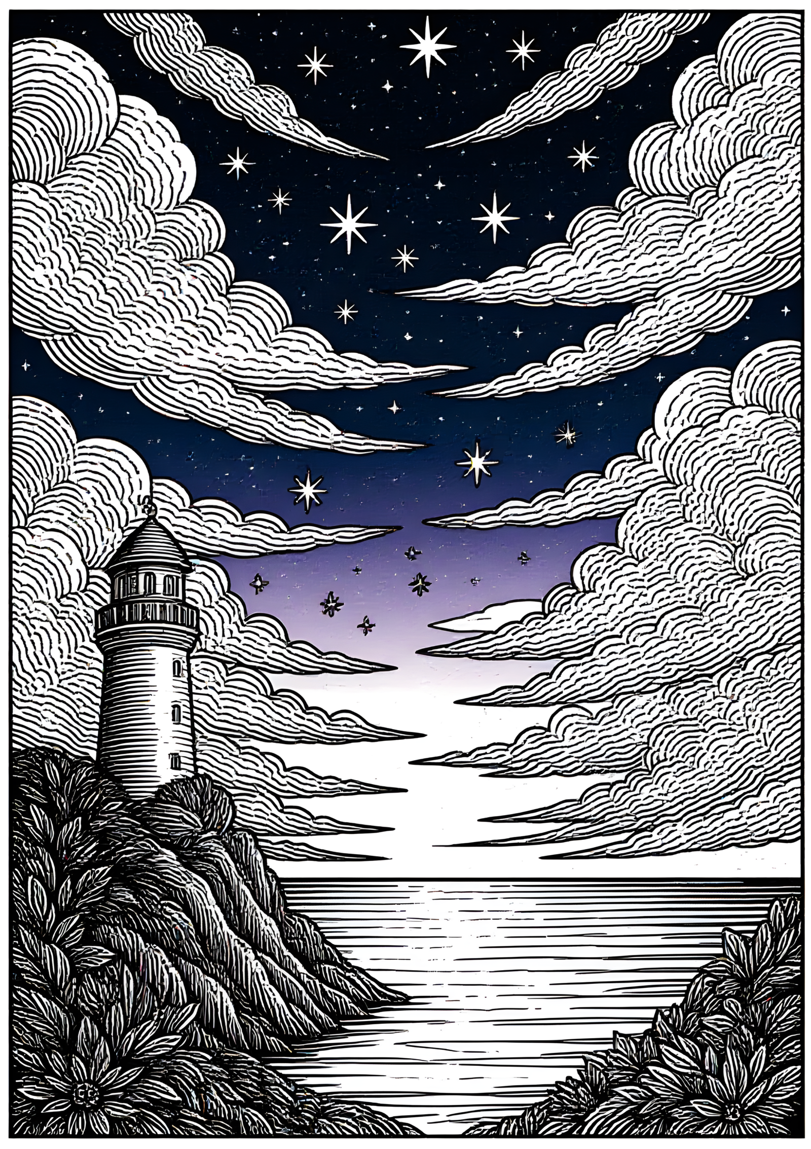 Coloriage Coucher de Soleil Dramatique sur la Côte, variante 4