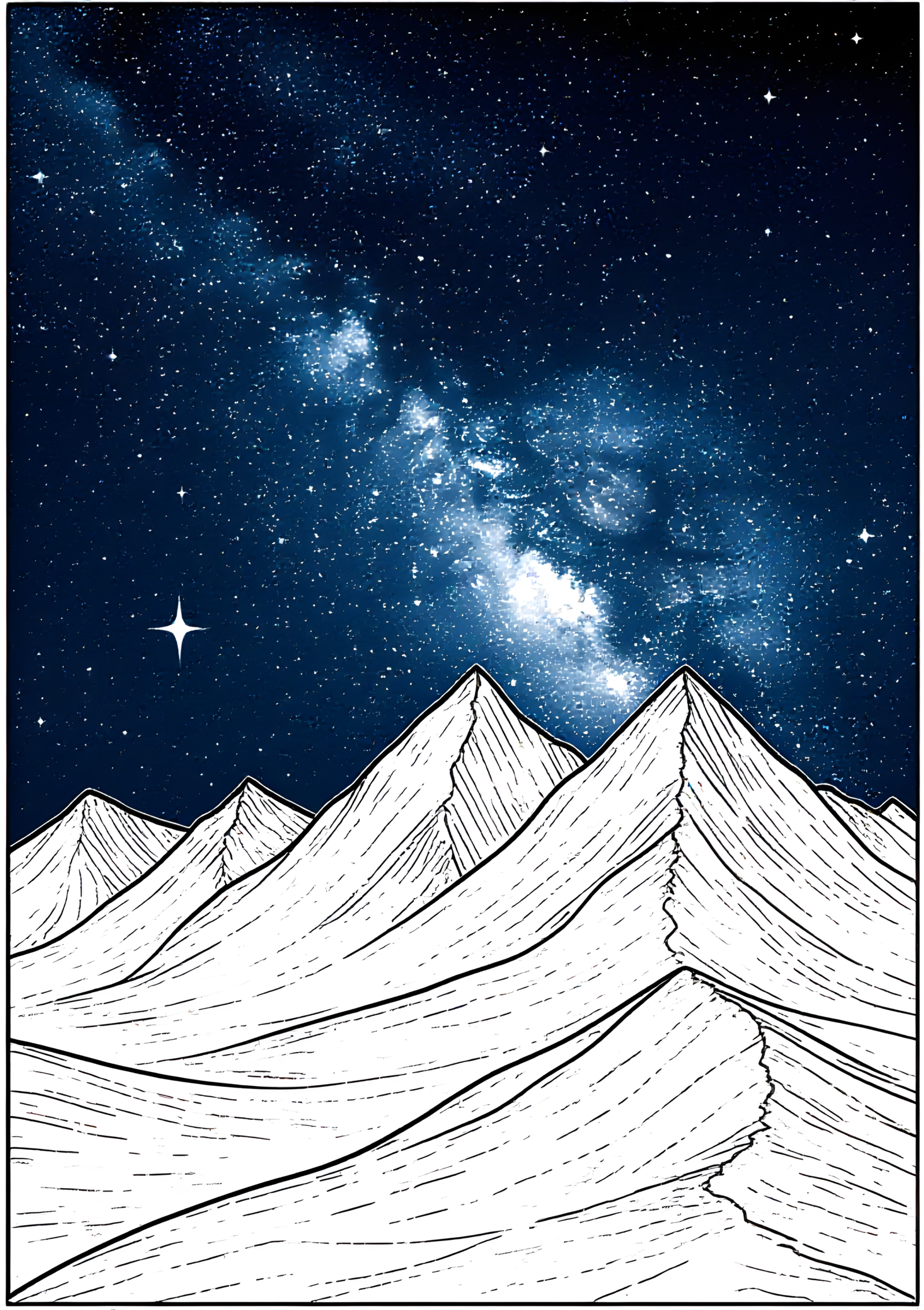Coloriage Voie Lactée sur Chaîne de Montagnes Étoilée, variante 4