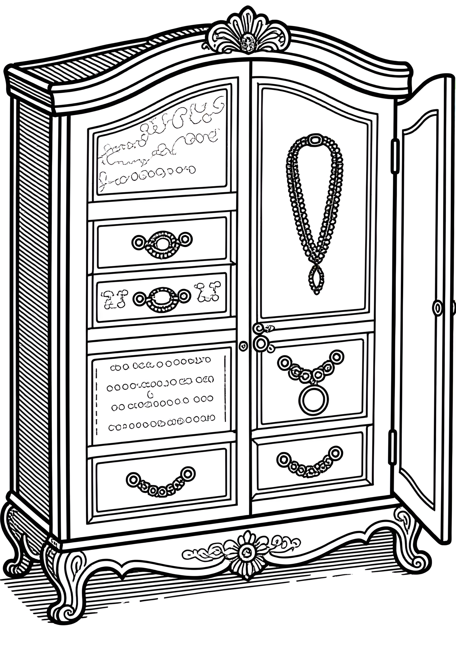 Coloriage Armoire à bijoux miniature près d'un lit, variante 4