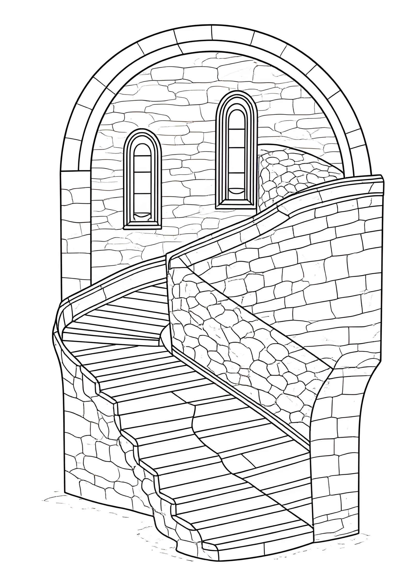 Coloriage Escaliers Monastiques Vue du Haut Simple Design, variante 4