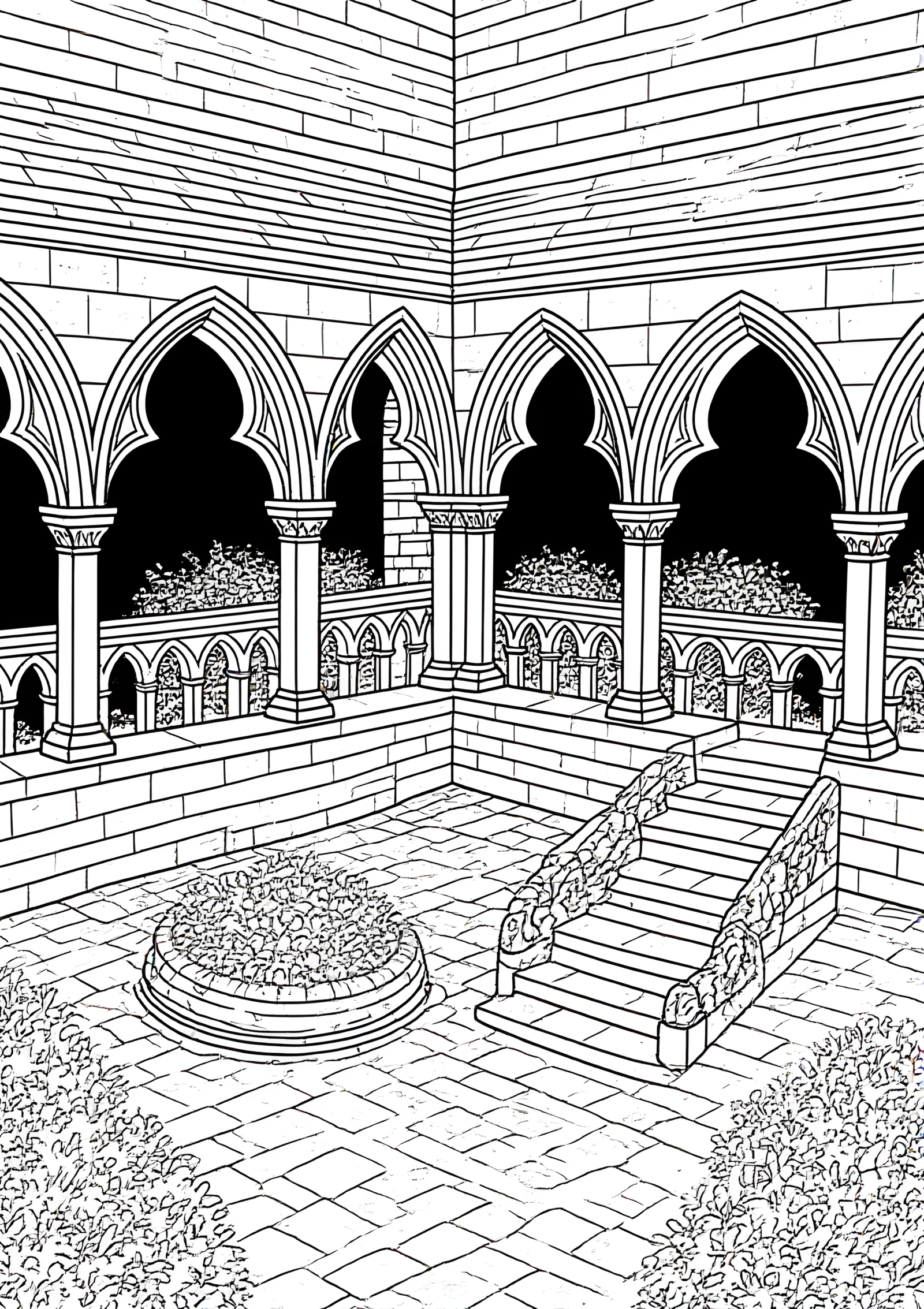 Coloriage Escalier Monastique Jardin Intérieur Façade Pierre Claire, variante 4