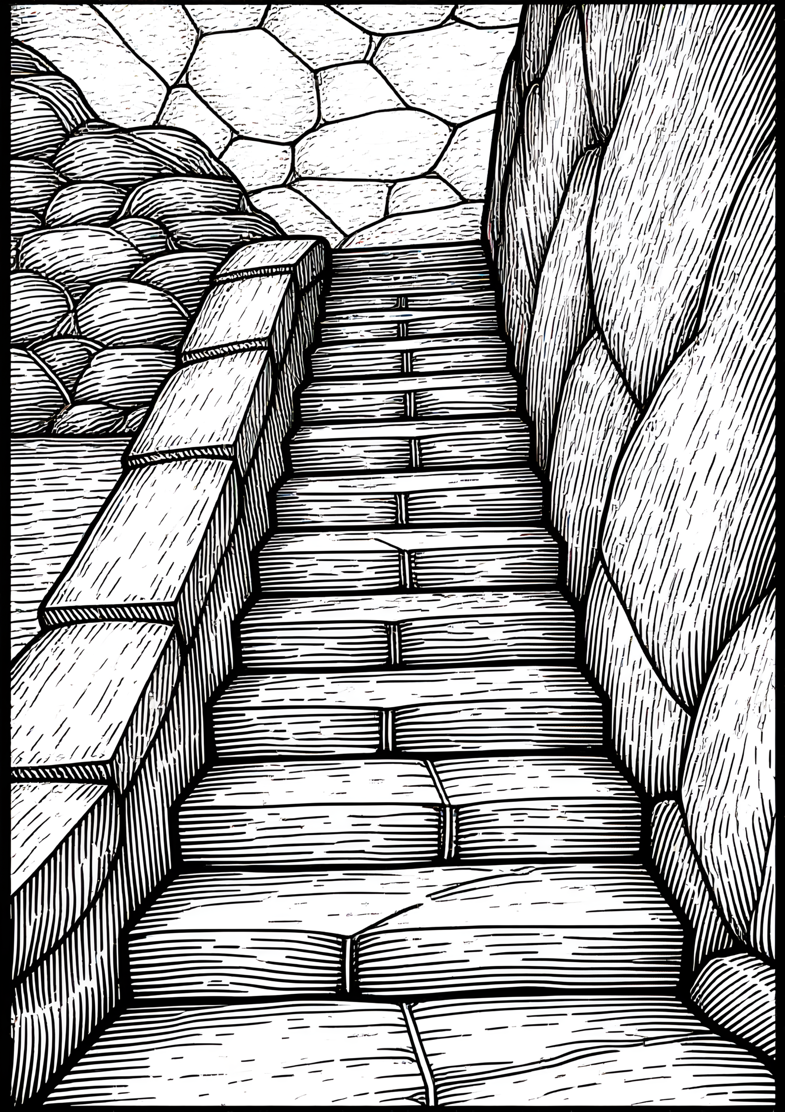 Coloriage Escalier de Monastère Montagnard Vue Frontale, variante 4