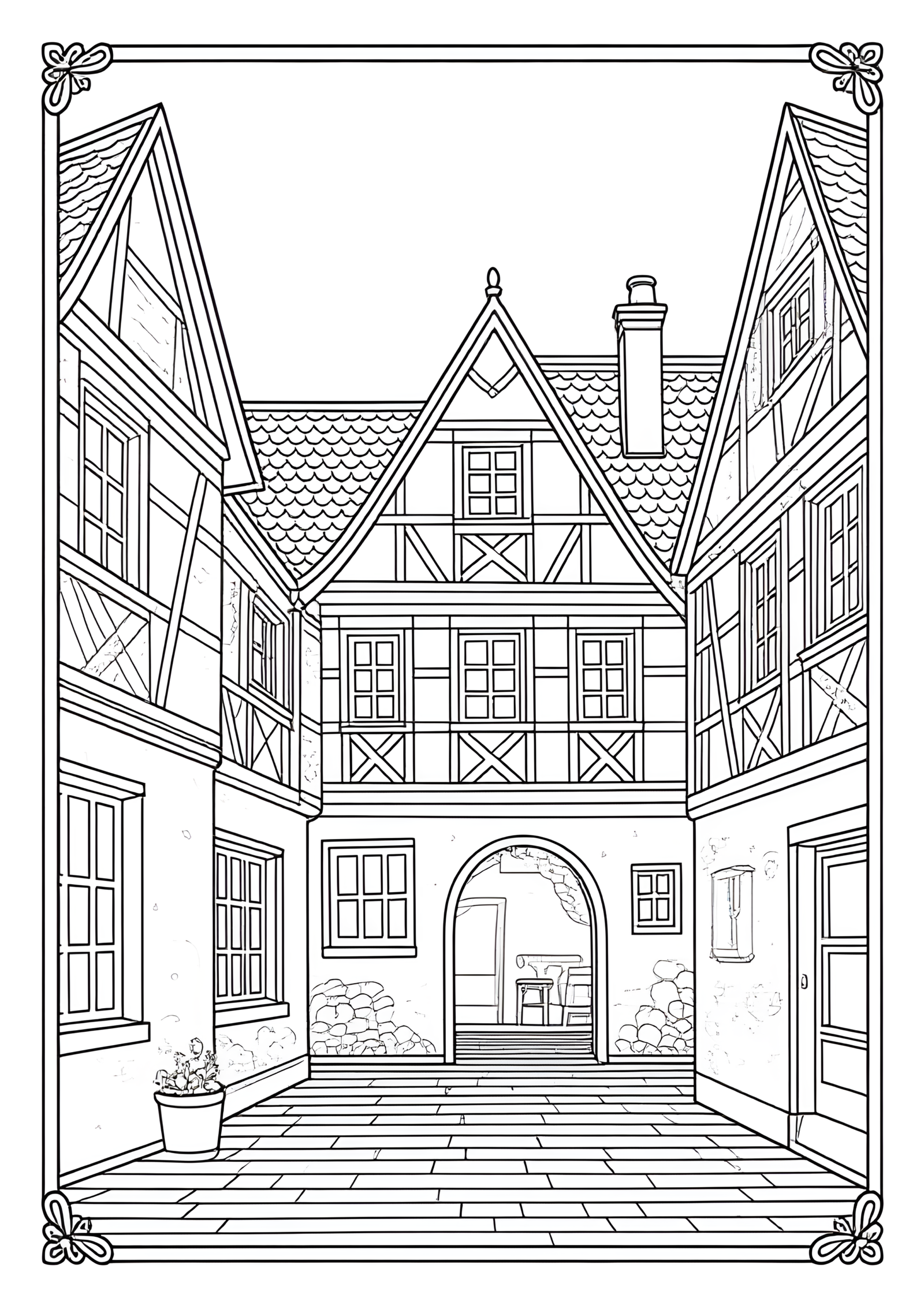Coloriage Galerie À Colombages À Cour Allemande, variante 4