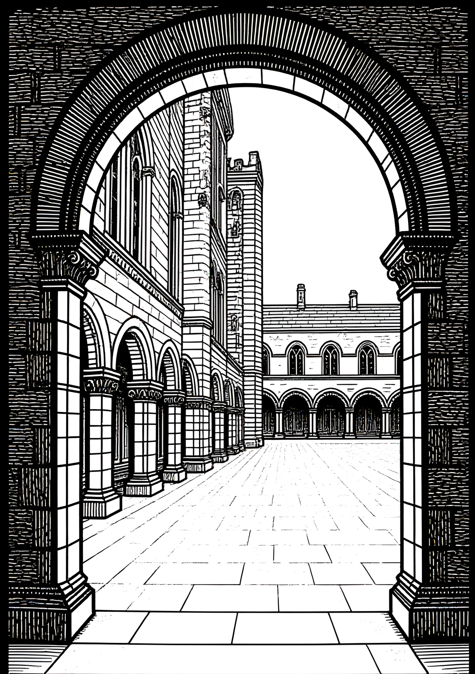Coloriage Arcade Bordant un Quadrilatère Universitaire, variante 4