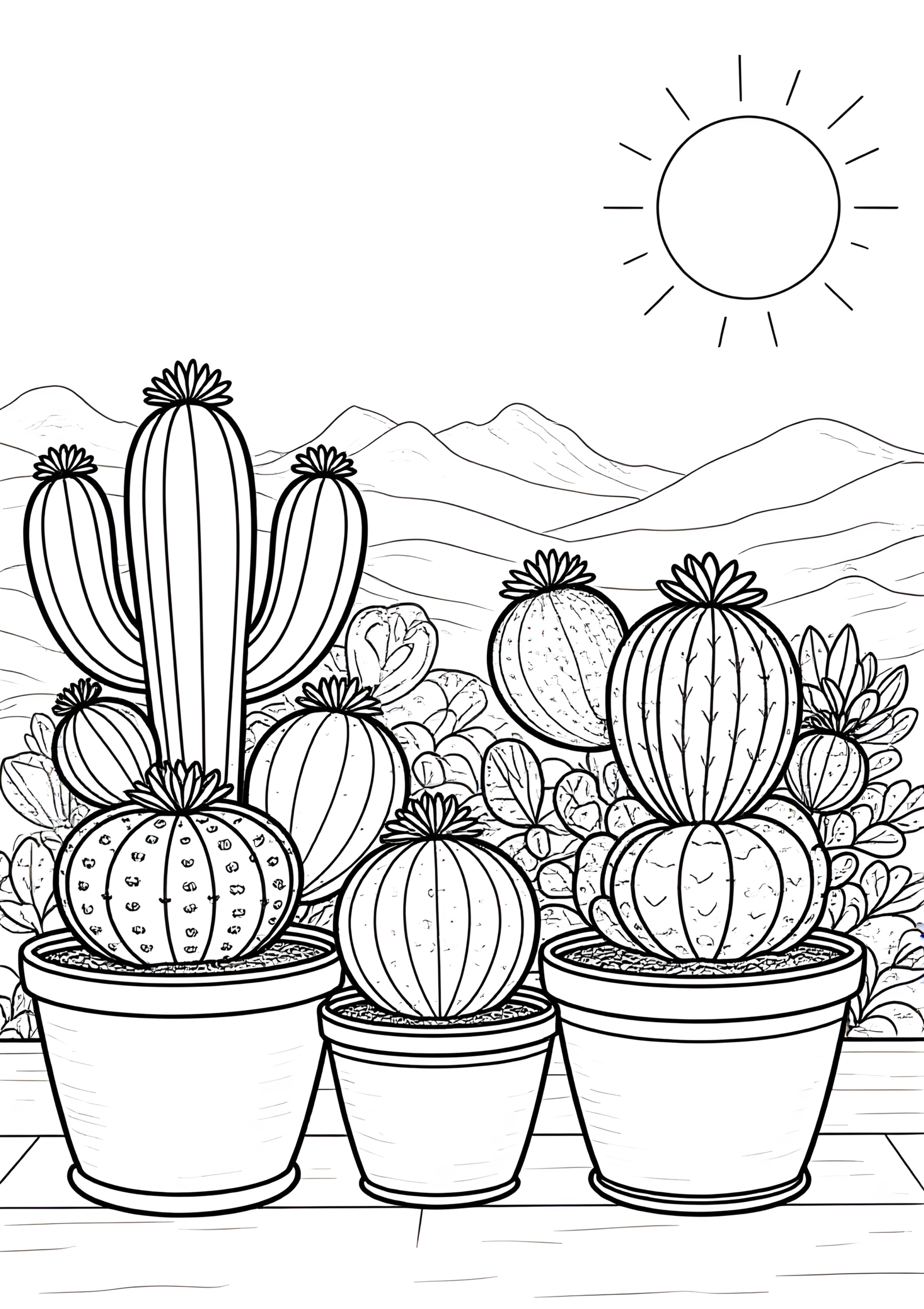 Coloriage Famille De Cactus En Pots Sur Un Patio, variante 4