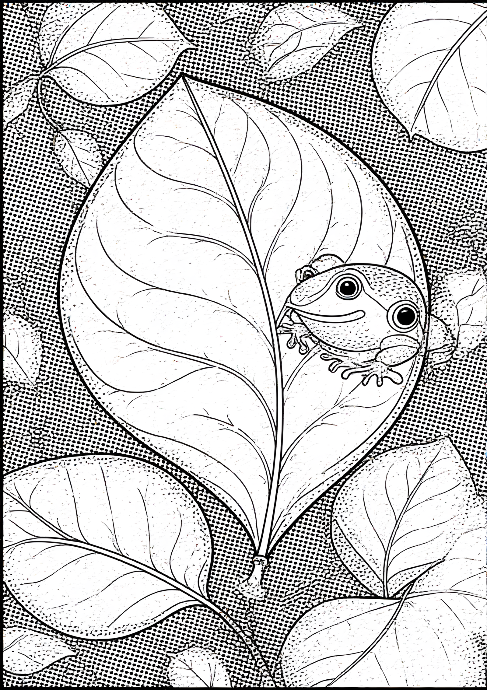 Coloriage GRENOUILLE TOMATE GONFLÉE SUR FEUILLE, variante 4